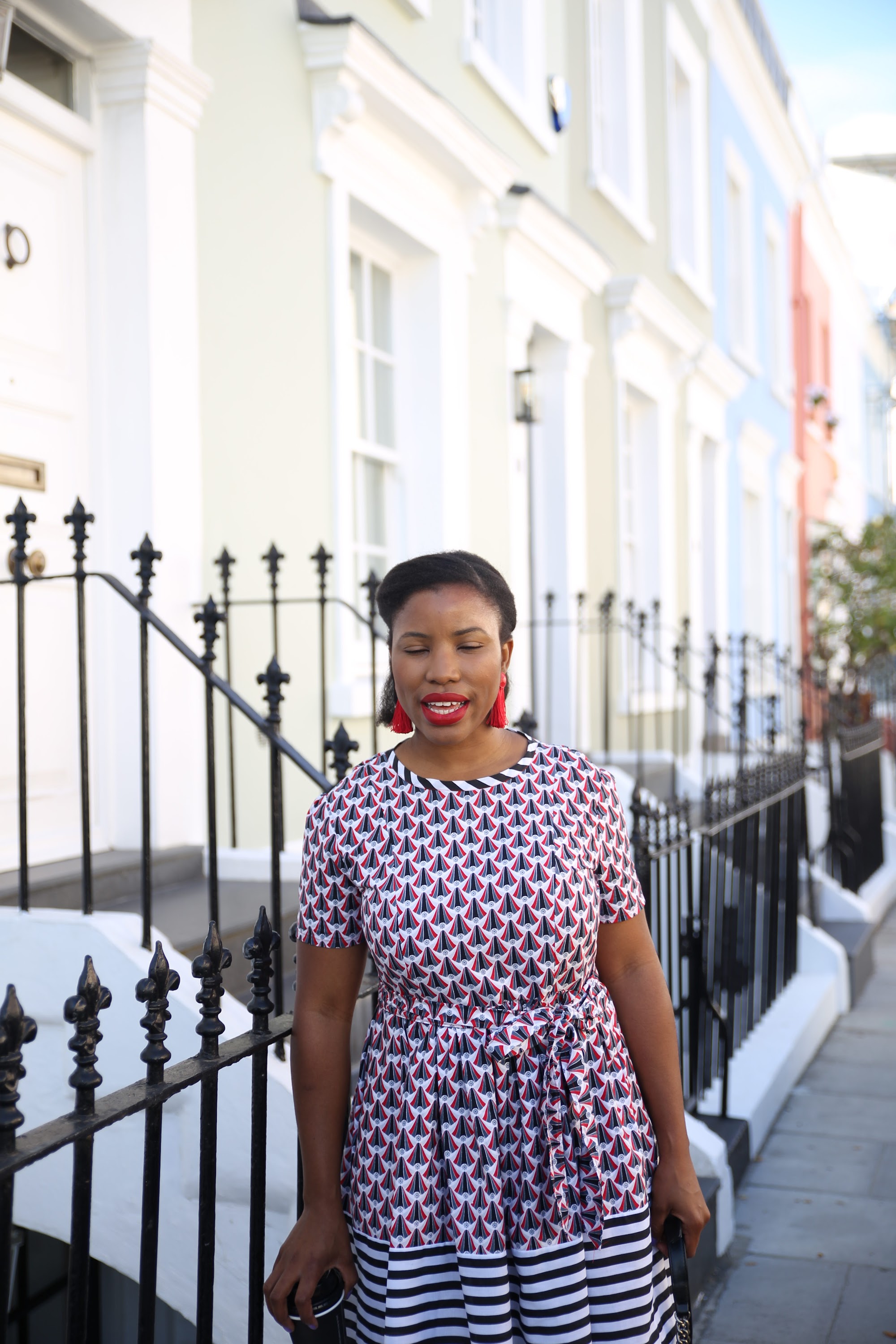 Street Fashion Portrait in Front of Blue London Townhouse