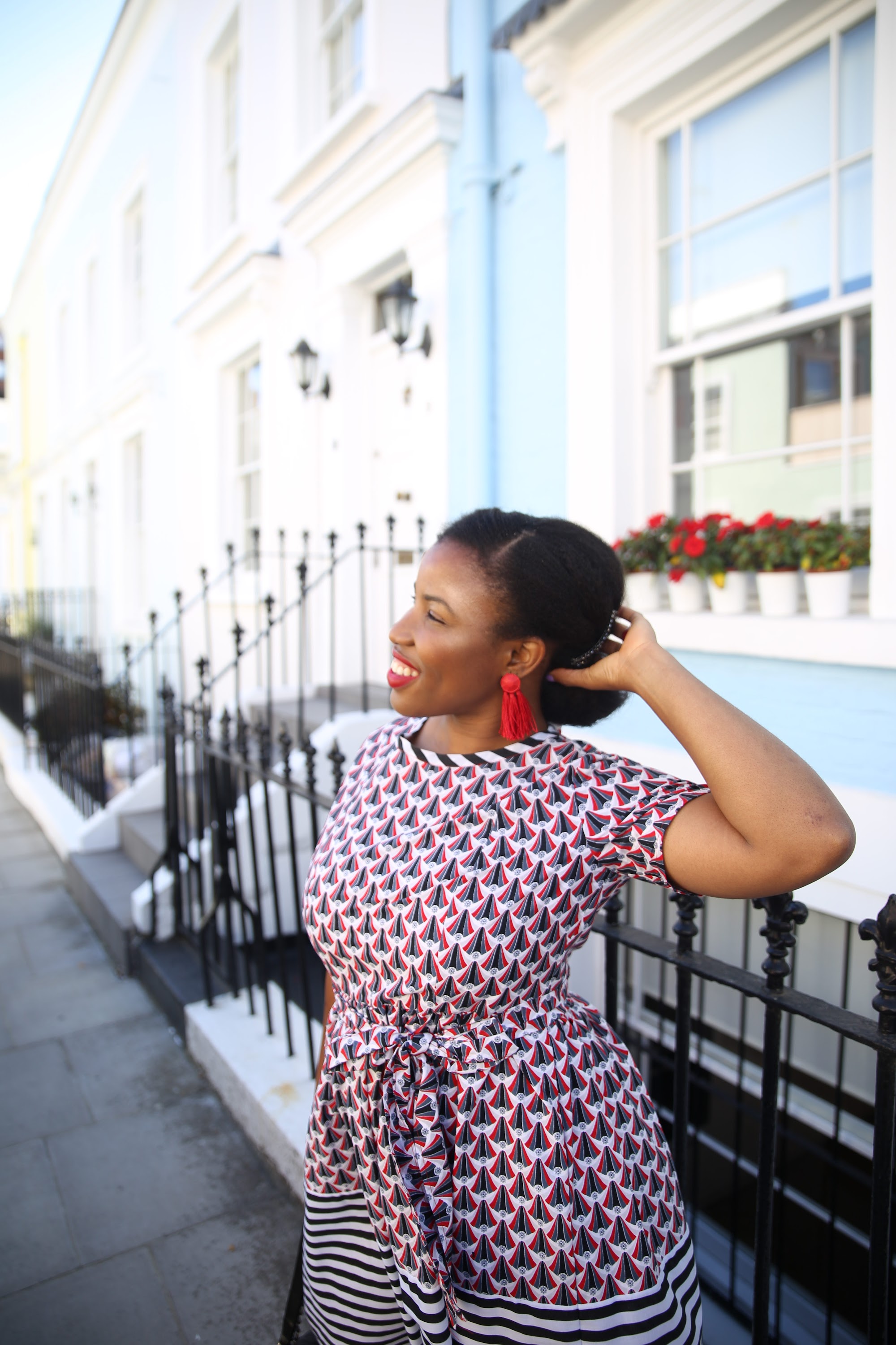 Street Fashion Portrait in Front of Blue London Townhouse