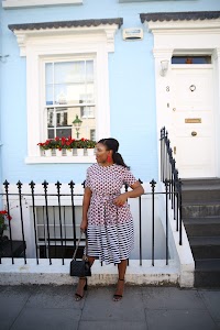 Street Fashion Portrait in Front of Blue London Townhouse