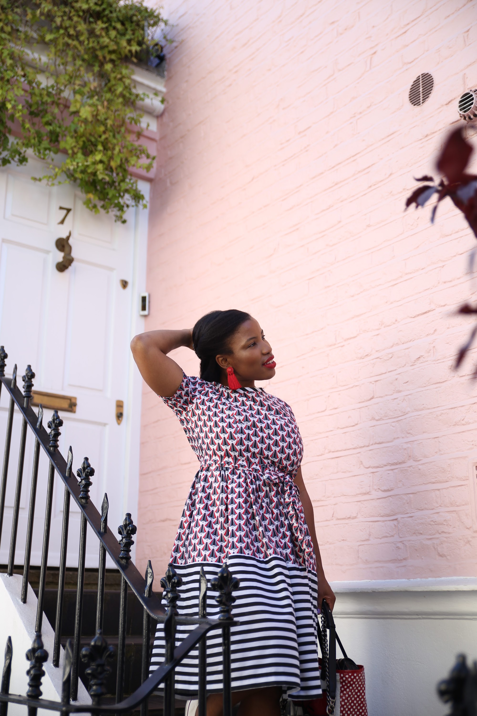 Street Fashion Portrait in Front of Blue London Townhouse