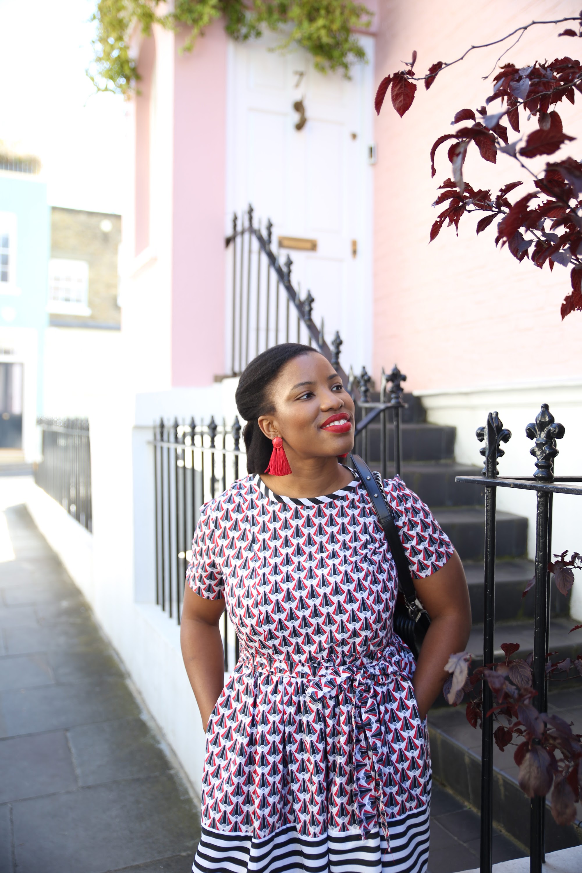 Street Fashion Portrait in Front of Blue London Townhouse