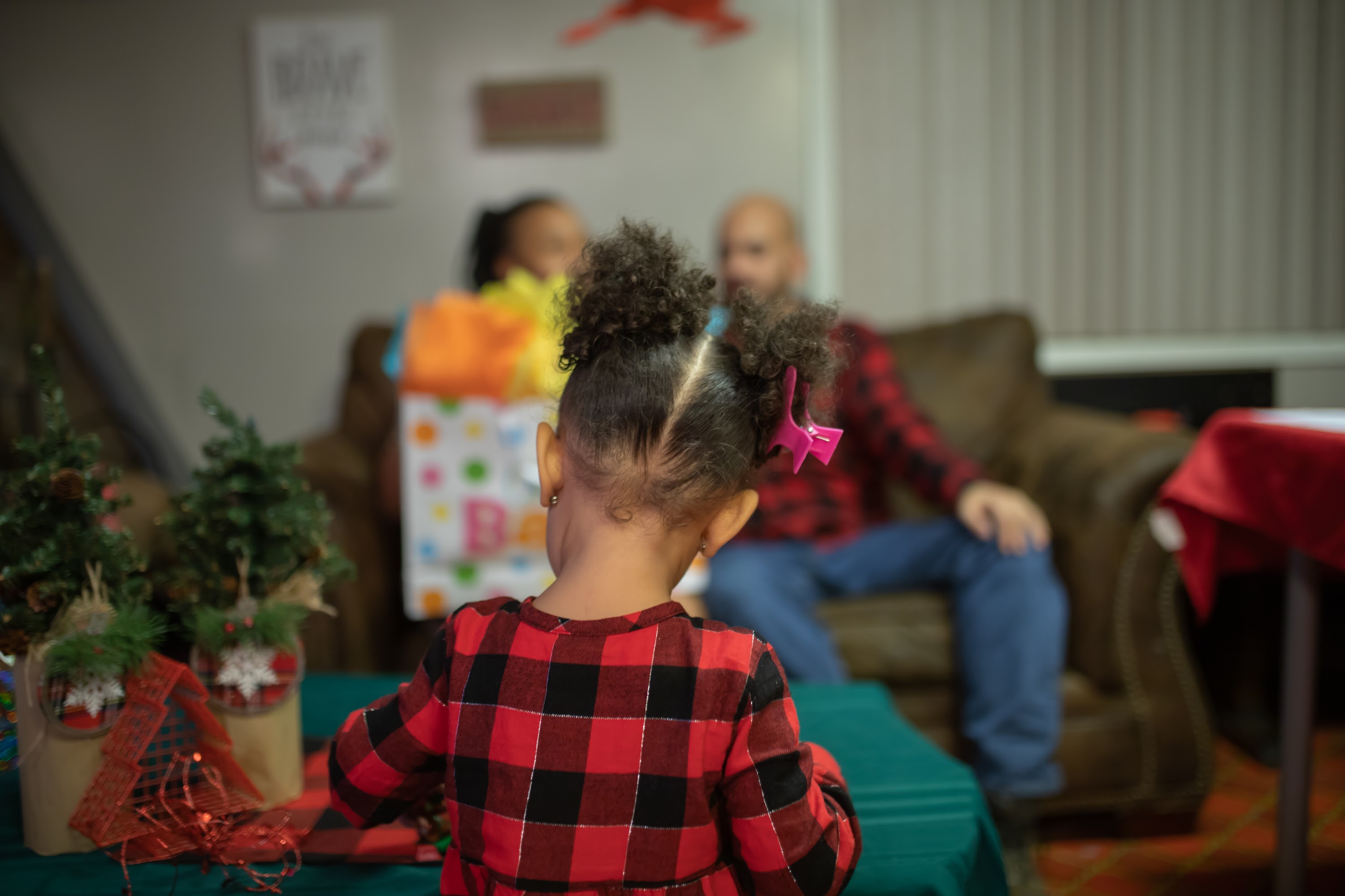 Child in Plaid Dress Facing Family During Holiday Gathering