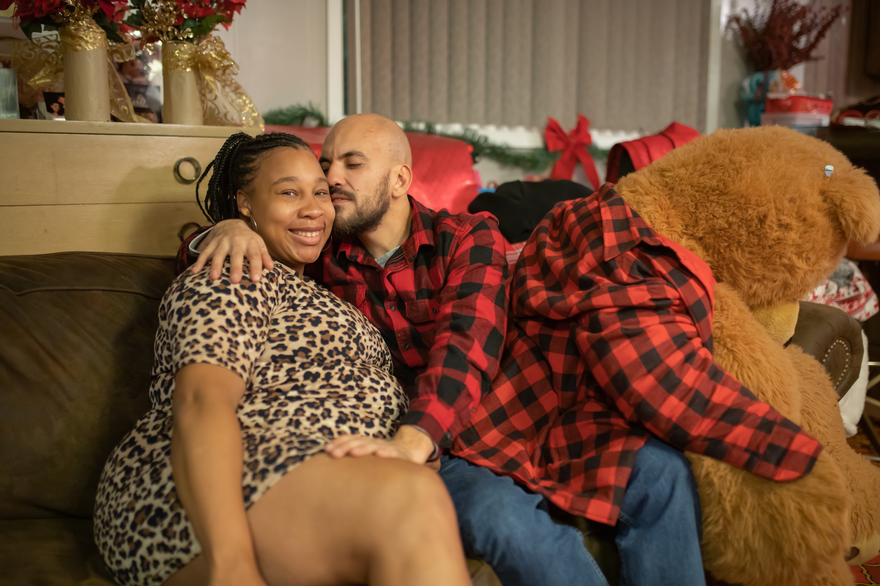 Holiday Couple on Couch with Teddy Bear