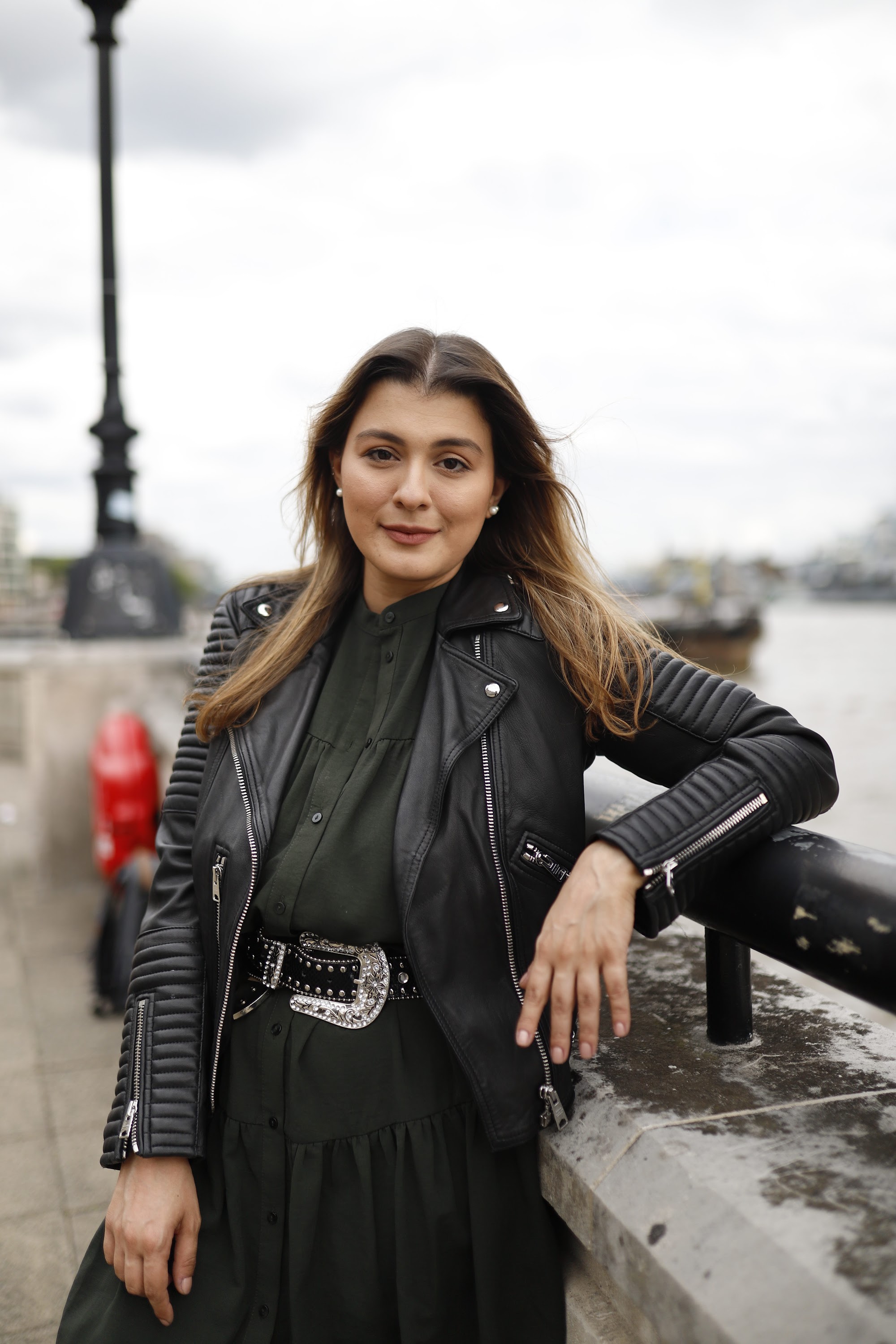 Young Woman Portrait in Front of Modern Building Staircase
