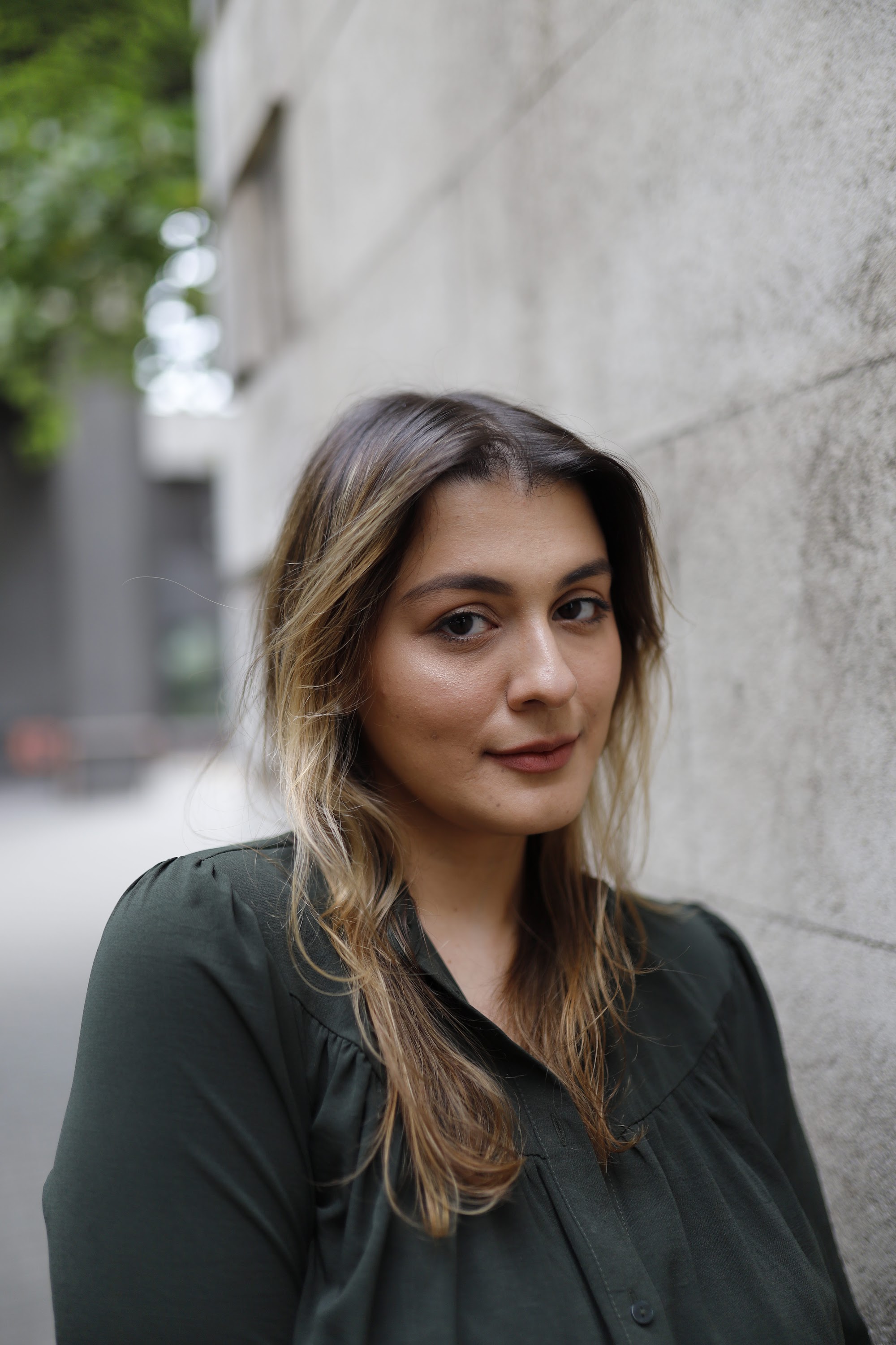 Young Woman Portrait in Front of Modern Building Staircase