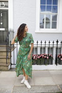 Woman in Green Botanical-Print Maxi Dress Outside London Mews