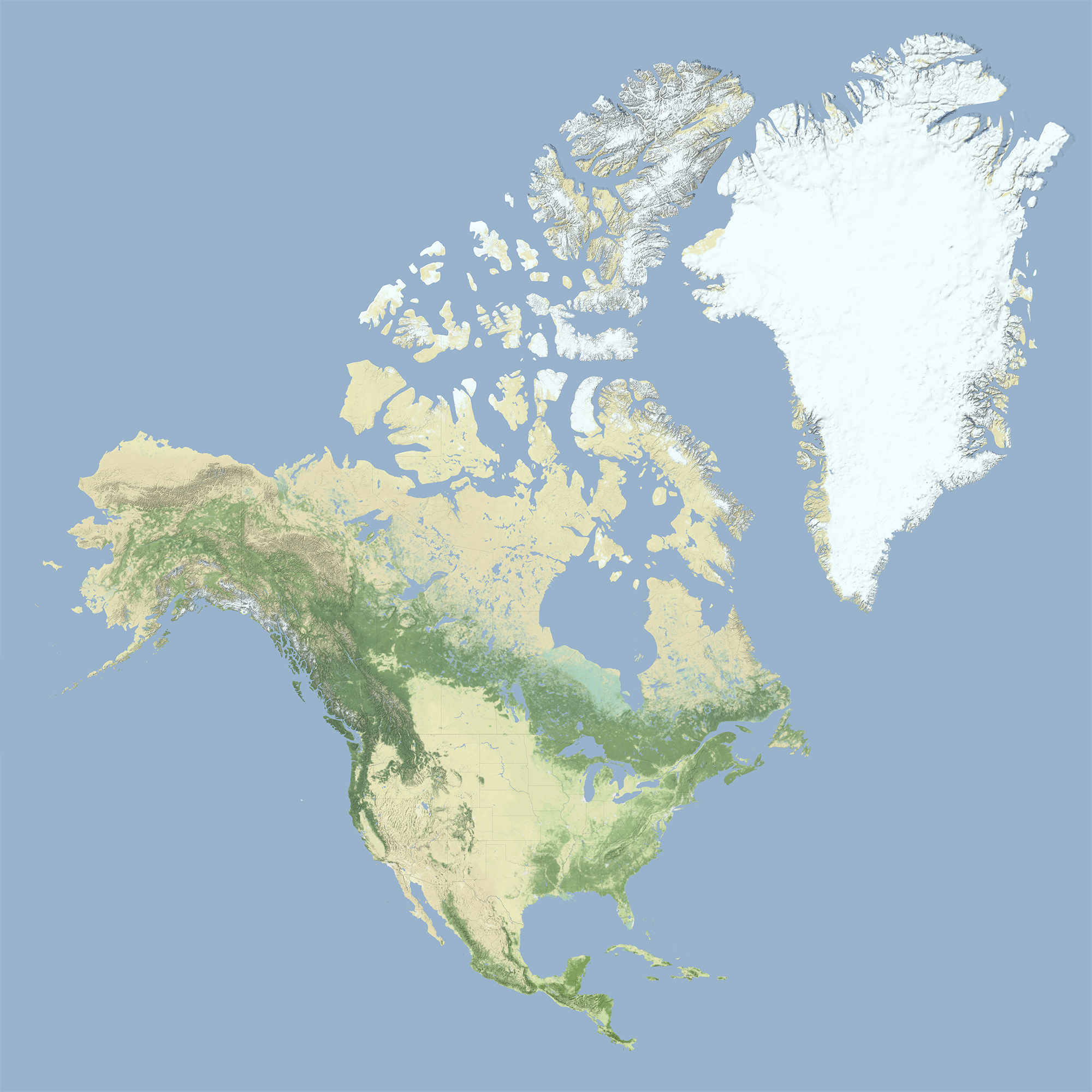 Physical Relief Map of North America and Greenland