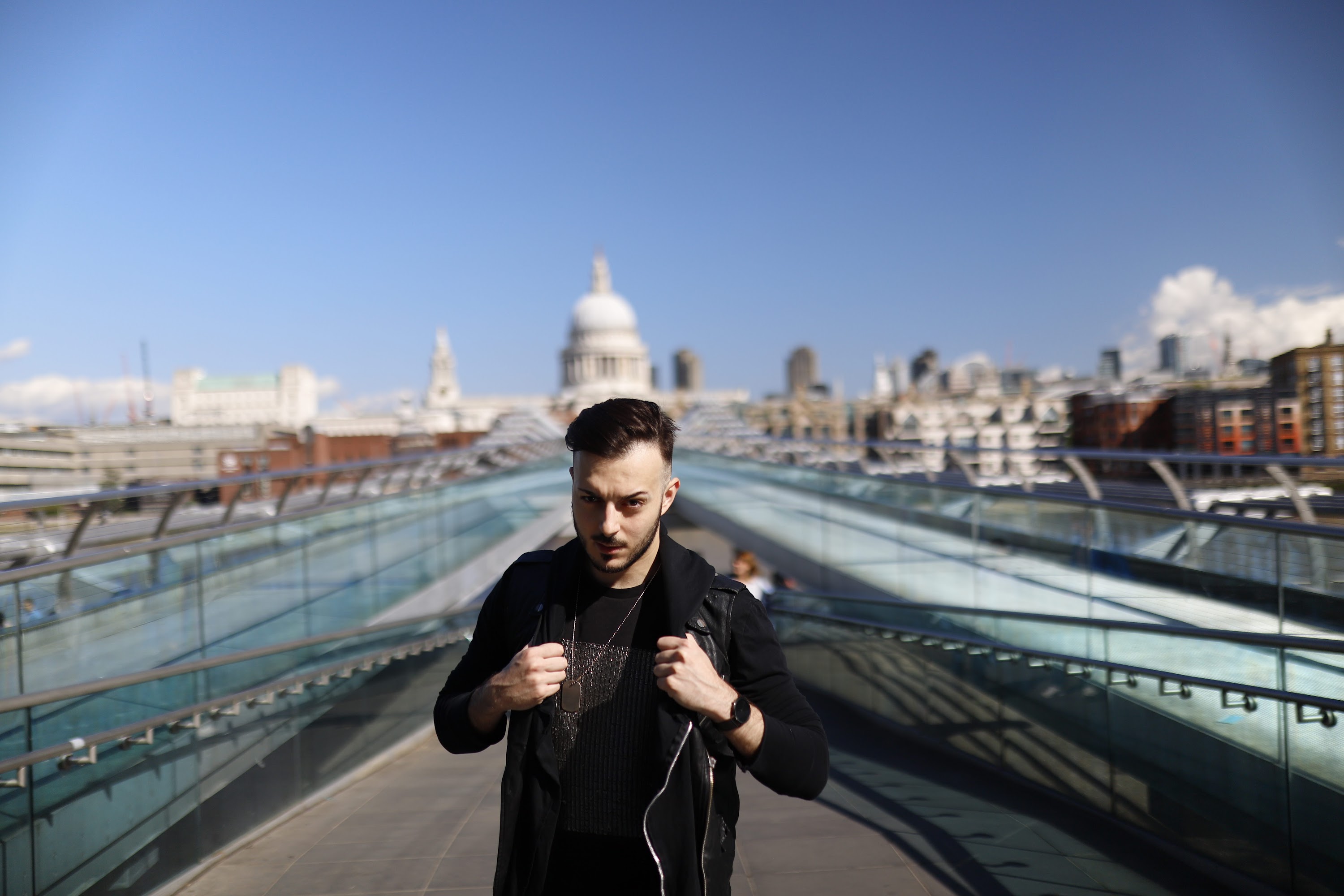 Man in Black Leather Jacket on Millennium Bridge, London