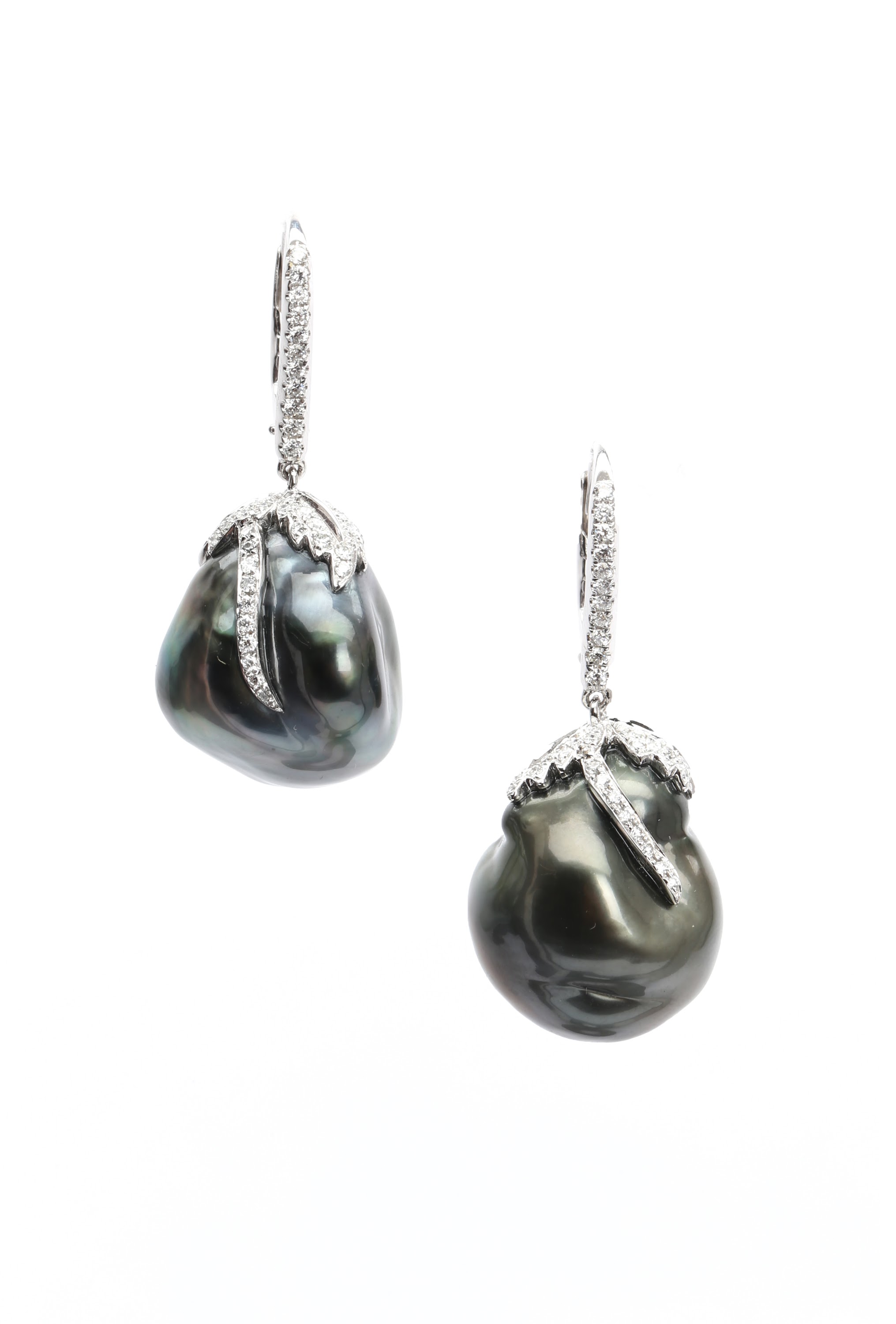 Tahitian Pearl and Pavé Diamond Drop Earrings on White Background