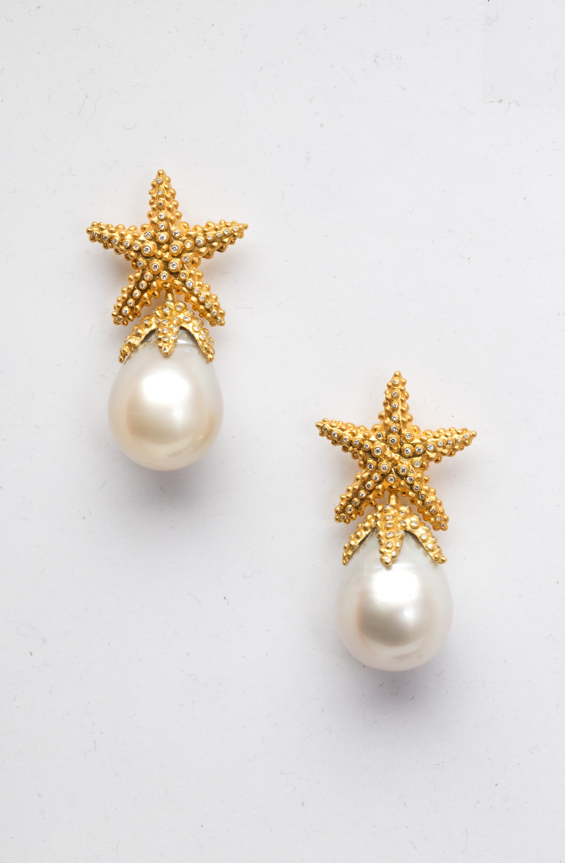 Tahitian Pearl and Pavé Diamond Drop Earrings on White Background