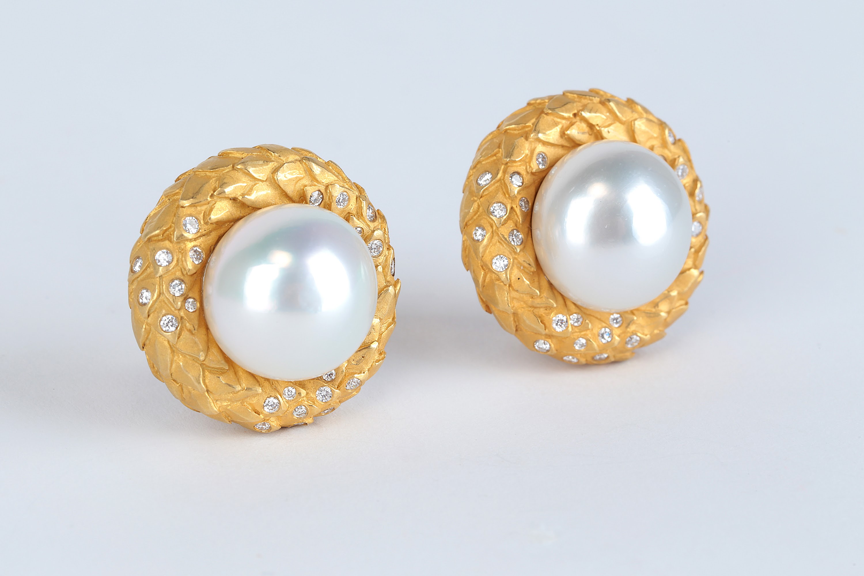 Tahitian Pearl and Pavé Diamond Drop Earrings on White Background