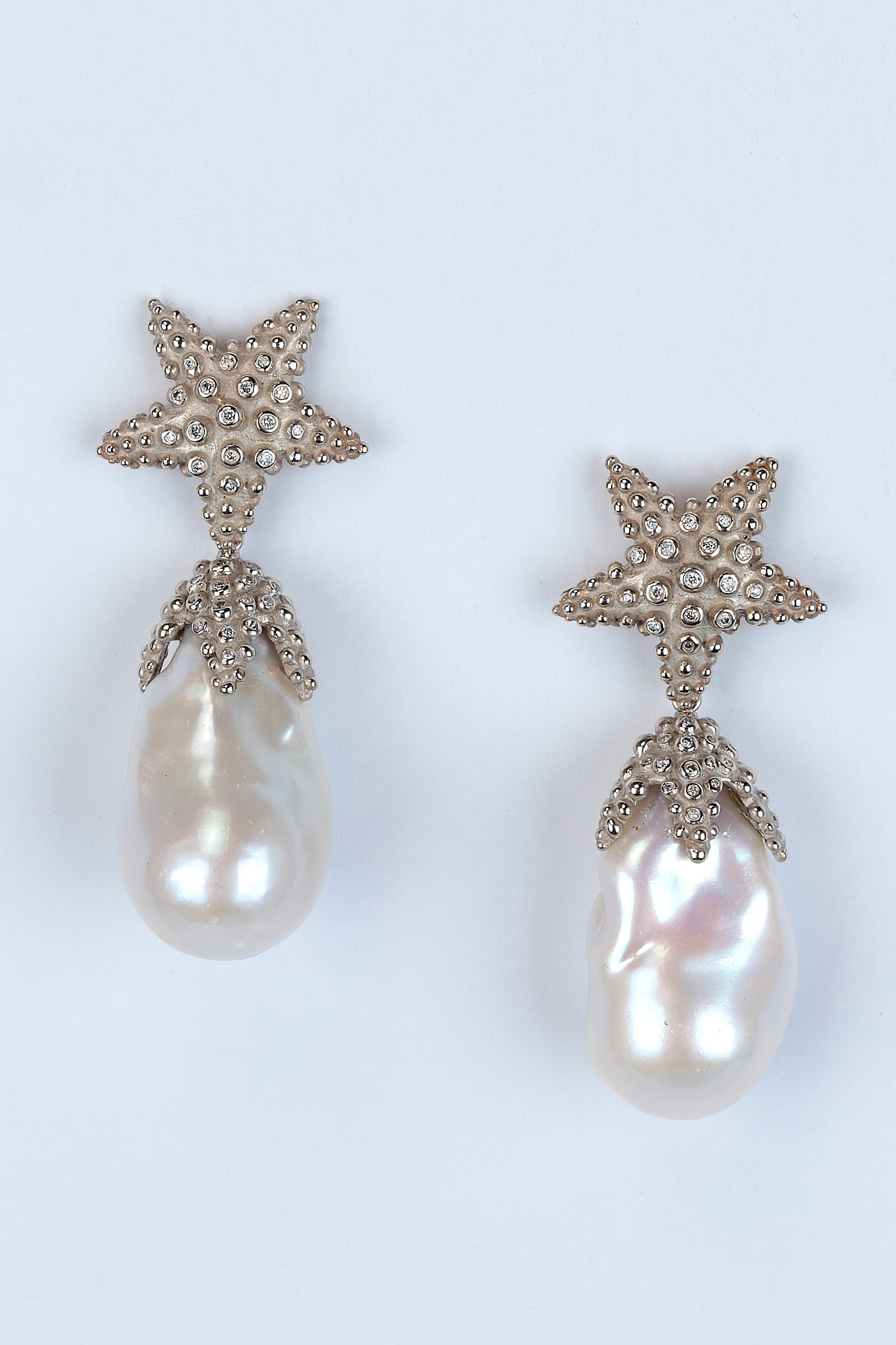 Tahitian Pearl and Pavé Diamond Drop Earrings on White Background