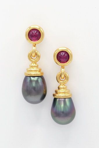 Tahitian Pearl and Pavé Diamond Drop Earrings on White Background