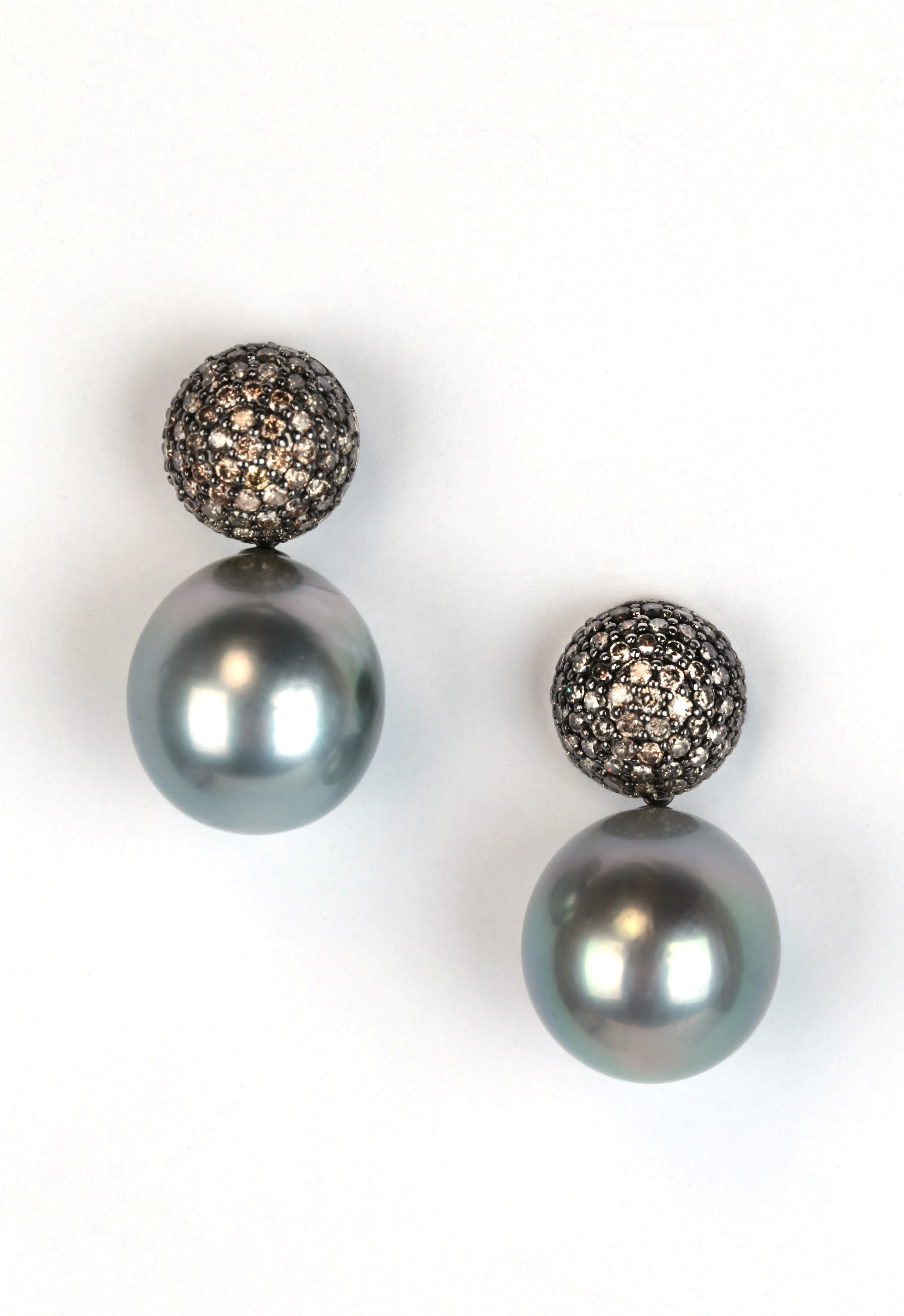 Tahitian Pearl and Pavé Diamond Drop Earrings on White Background