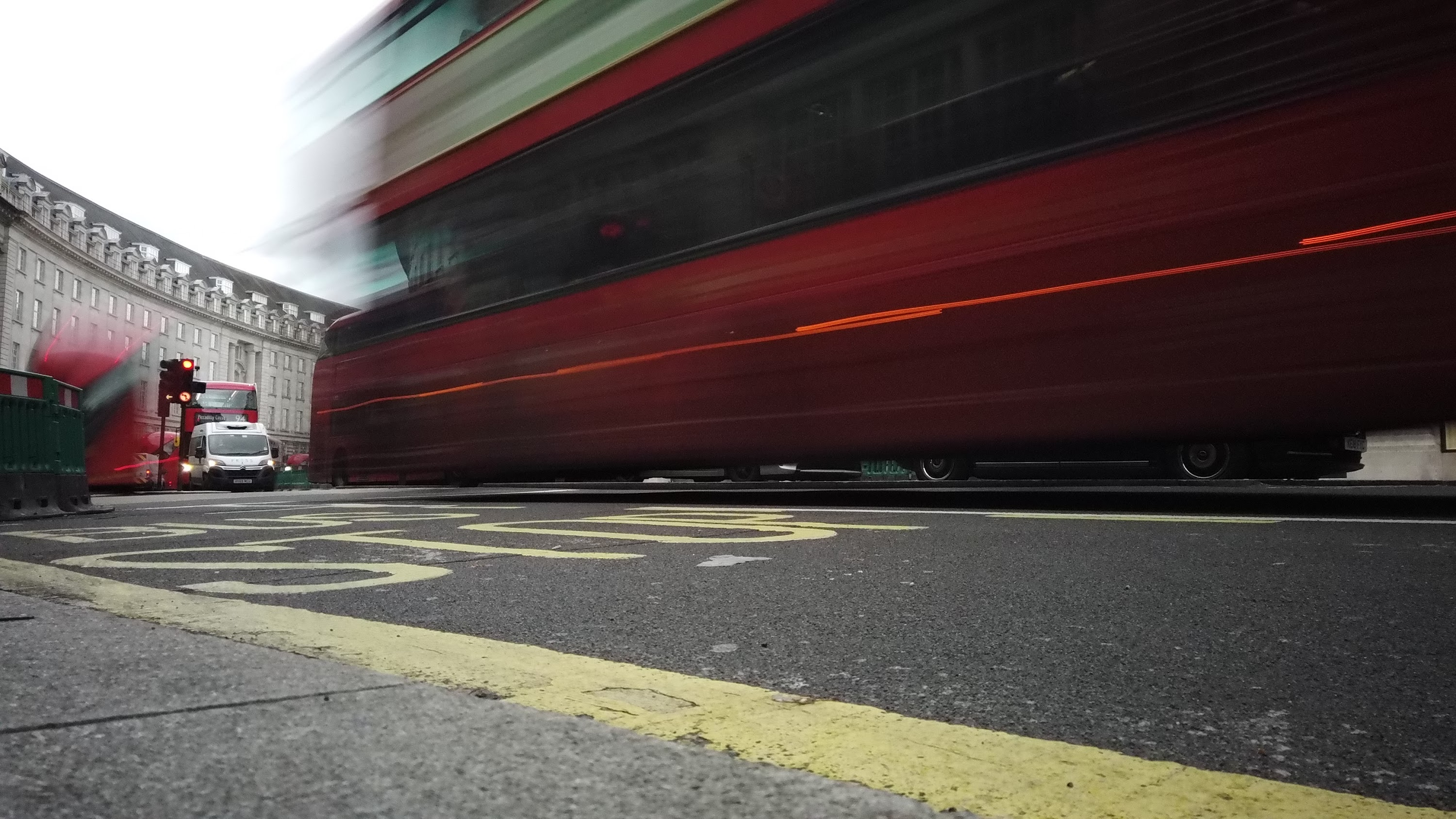 Red Double-Decker Bus Motion Blur on Regent Street, London