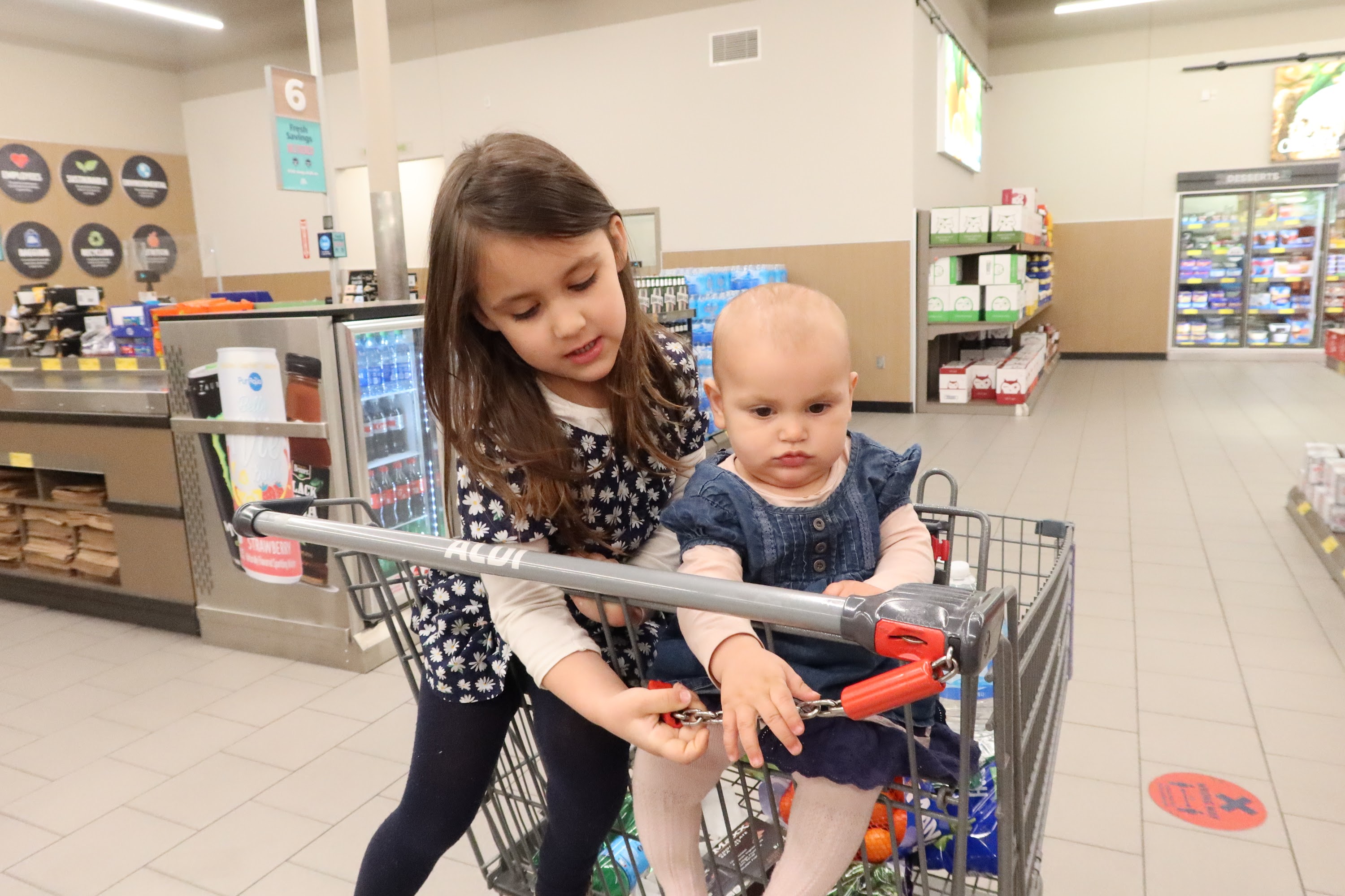 Sister Pushing Baby in Grocery Store Shopping Cart