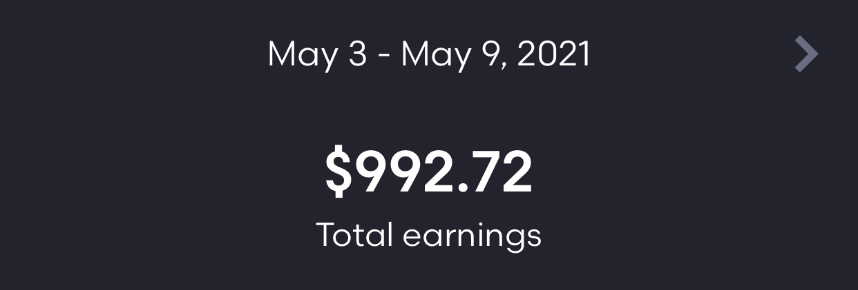Weekly Earnings Dashboard Screenshot — $899.39 (May 10–16, 2021)