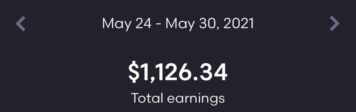 Weekly Earnings Dashboard Screenshot — $899.39 (May 10–16, 2021)