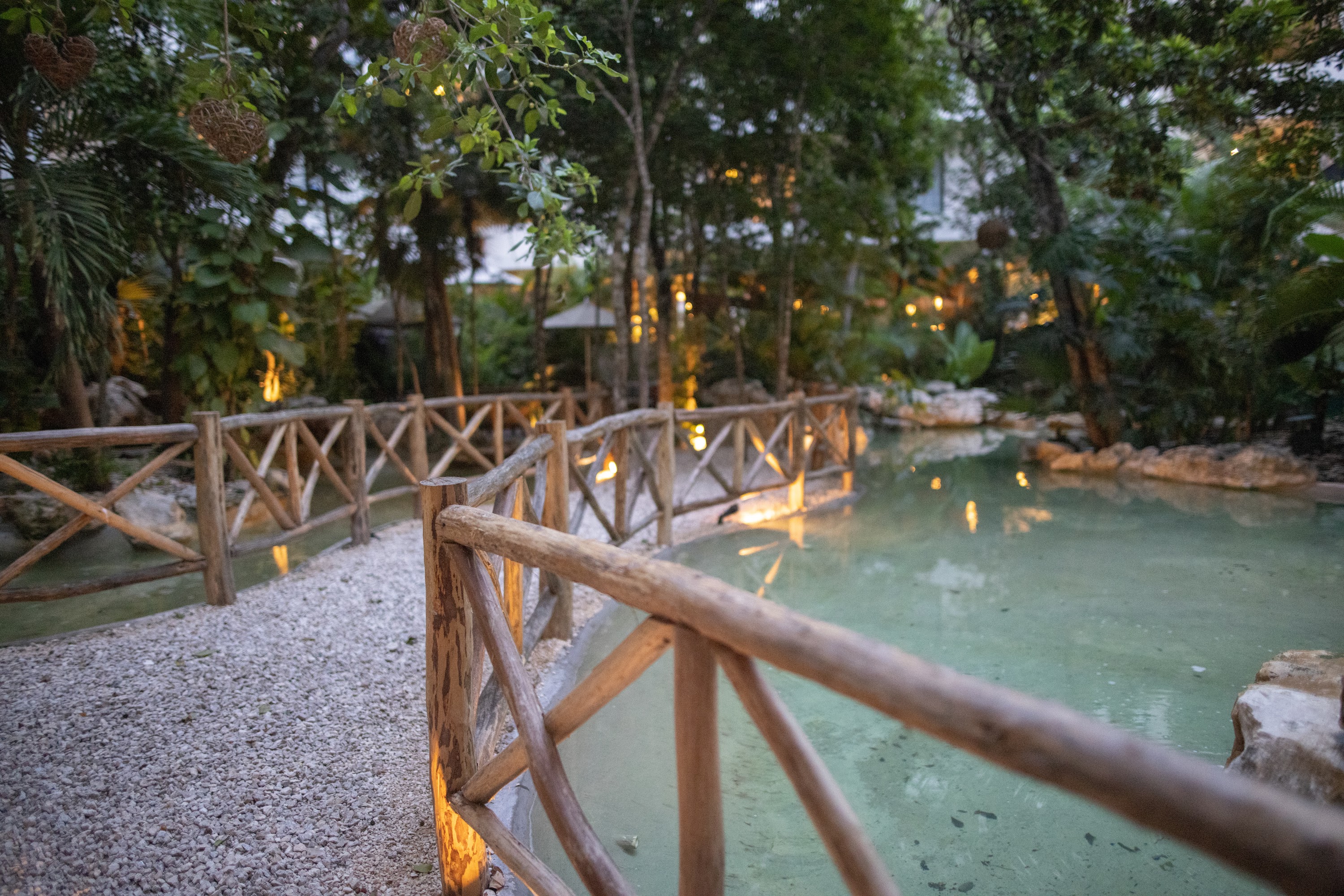 Wooden Bridge Over a Serene Pond in a Lush Garden