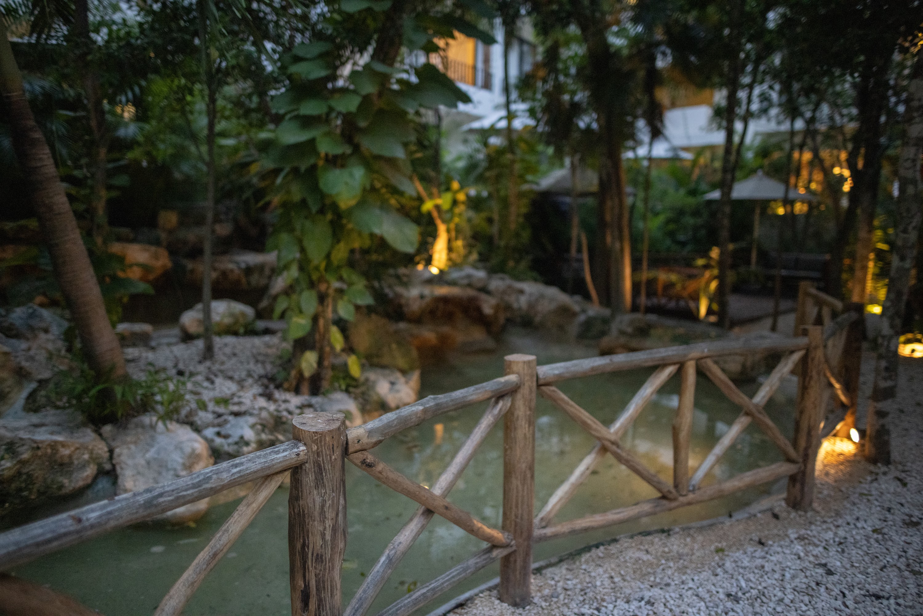 Wooden Fence Over a Small Pond in a Lush Garden
