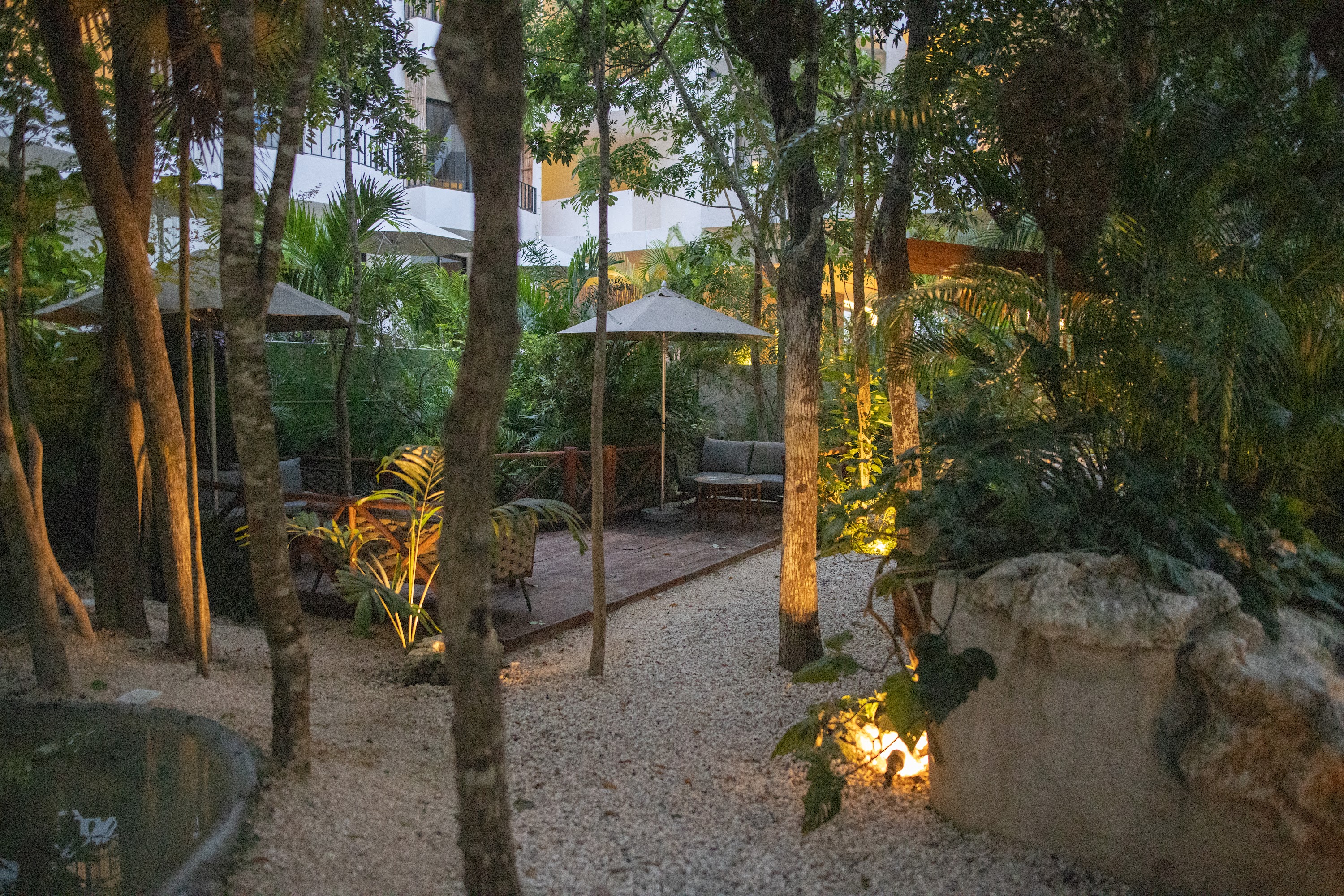 Garden Oasis with Outdoor Seating and Ambient Lighting