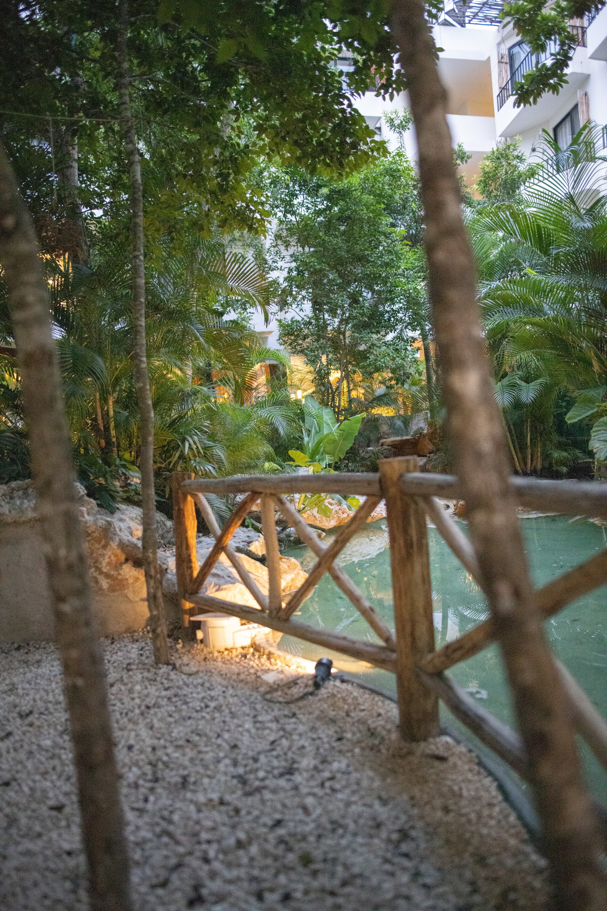 Tropical Garden Path with Wooden Fence and Pool