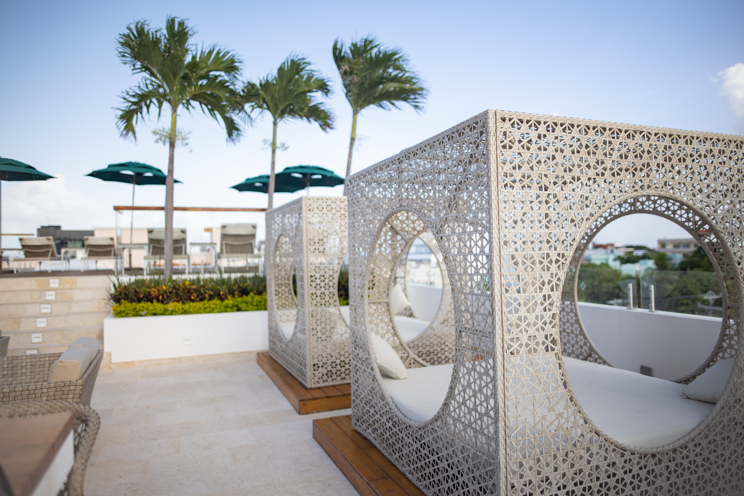 Rooftop Lounge with Woven Canopy Beds and Palm Trees