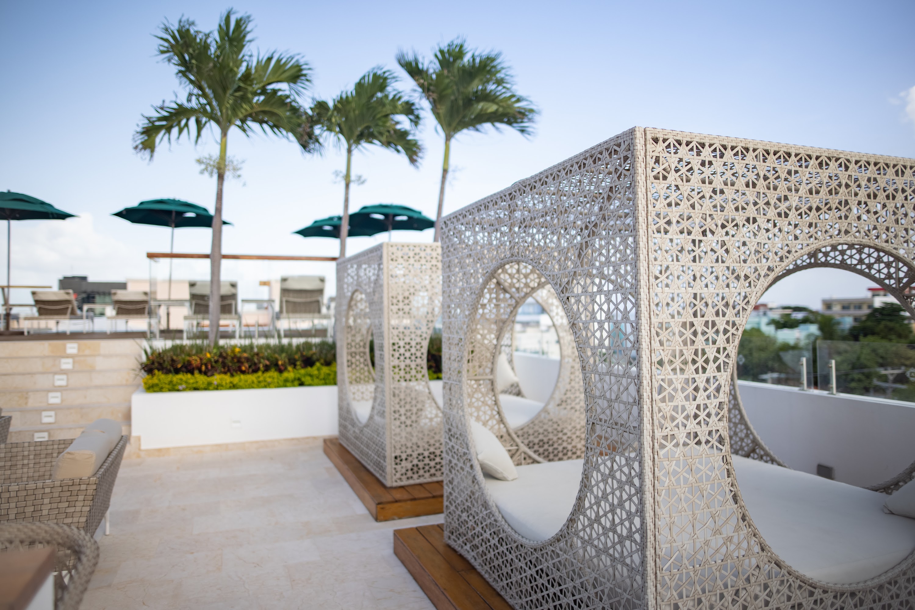 Rooftop Lounge with Woven Daybeds and Palm Trees
