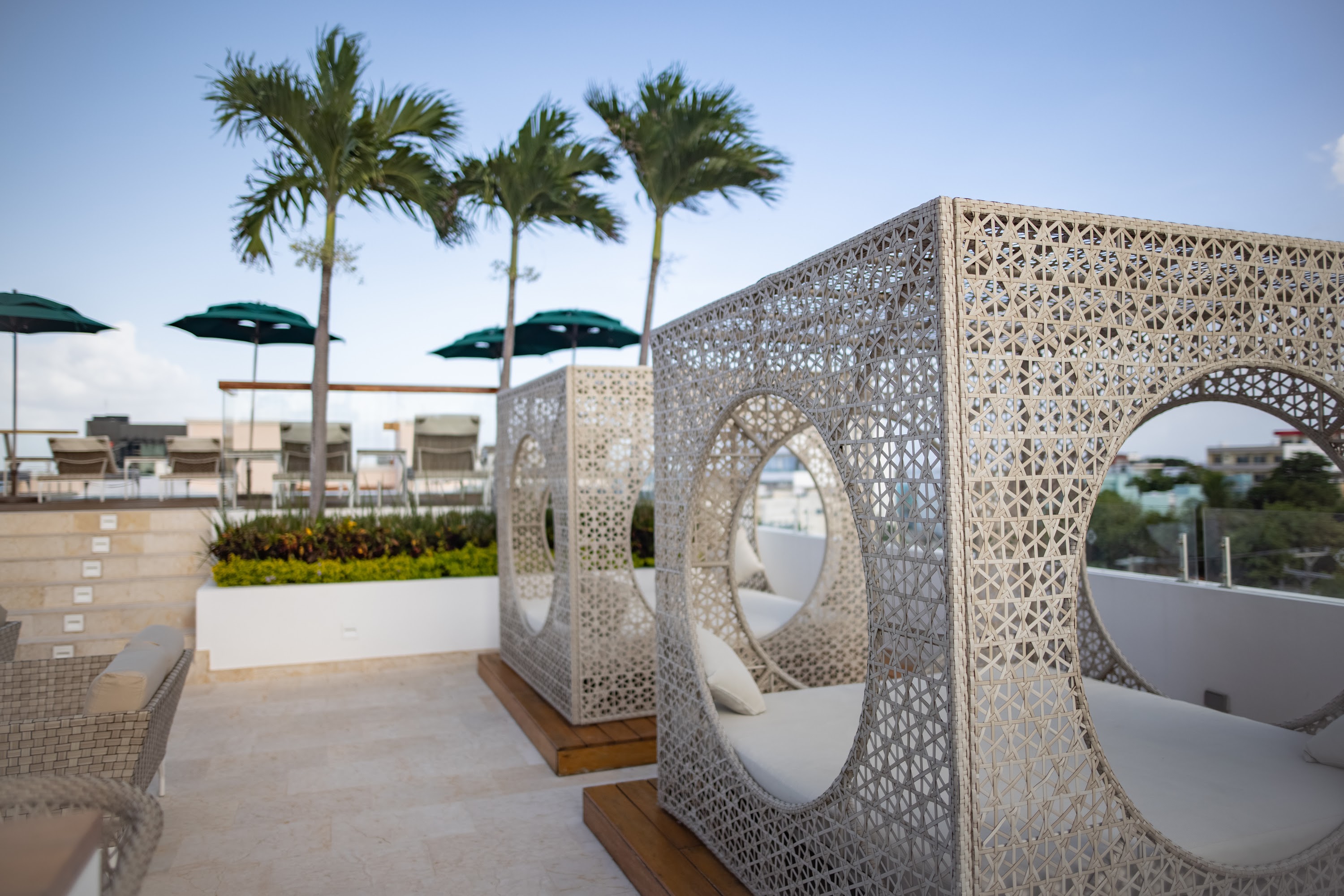 Rooftop Lounge with Woven Daybeds and Palm Trees