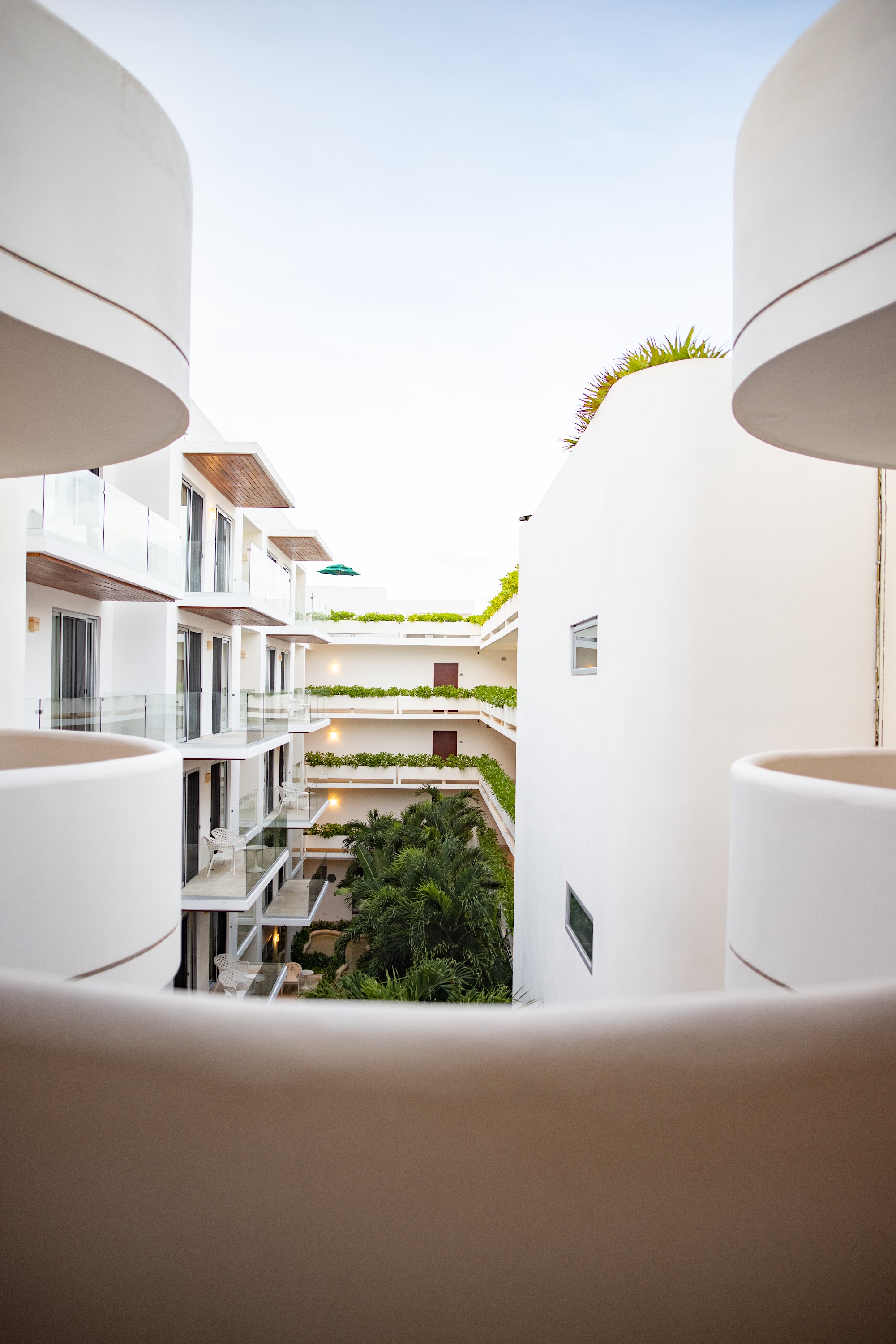 Modern Hotel Courtyard Viewed Through Curved White Columns