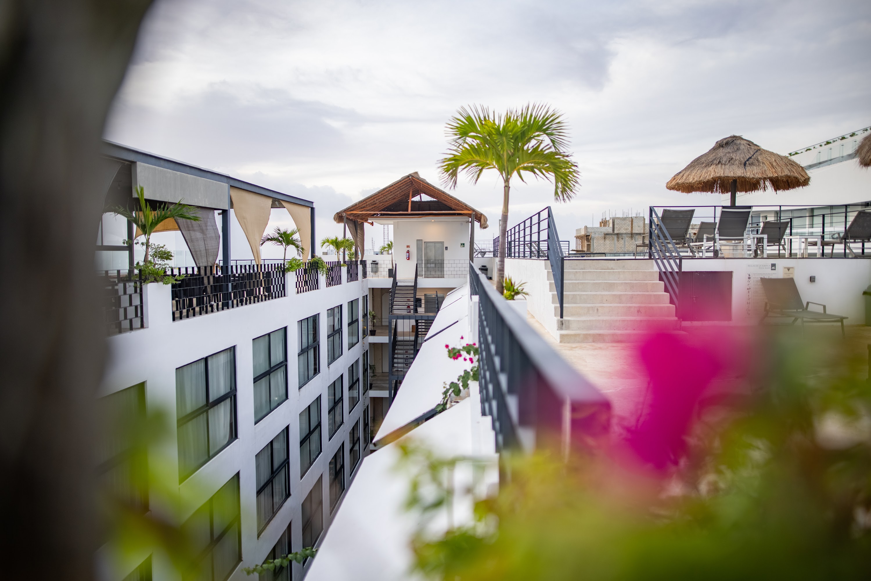 Rooftop Terrace with Modern Hotel Building and Palm Trees