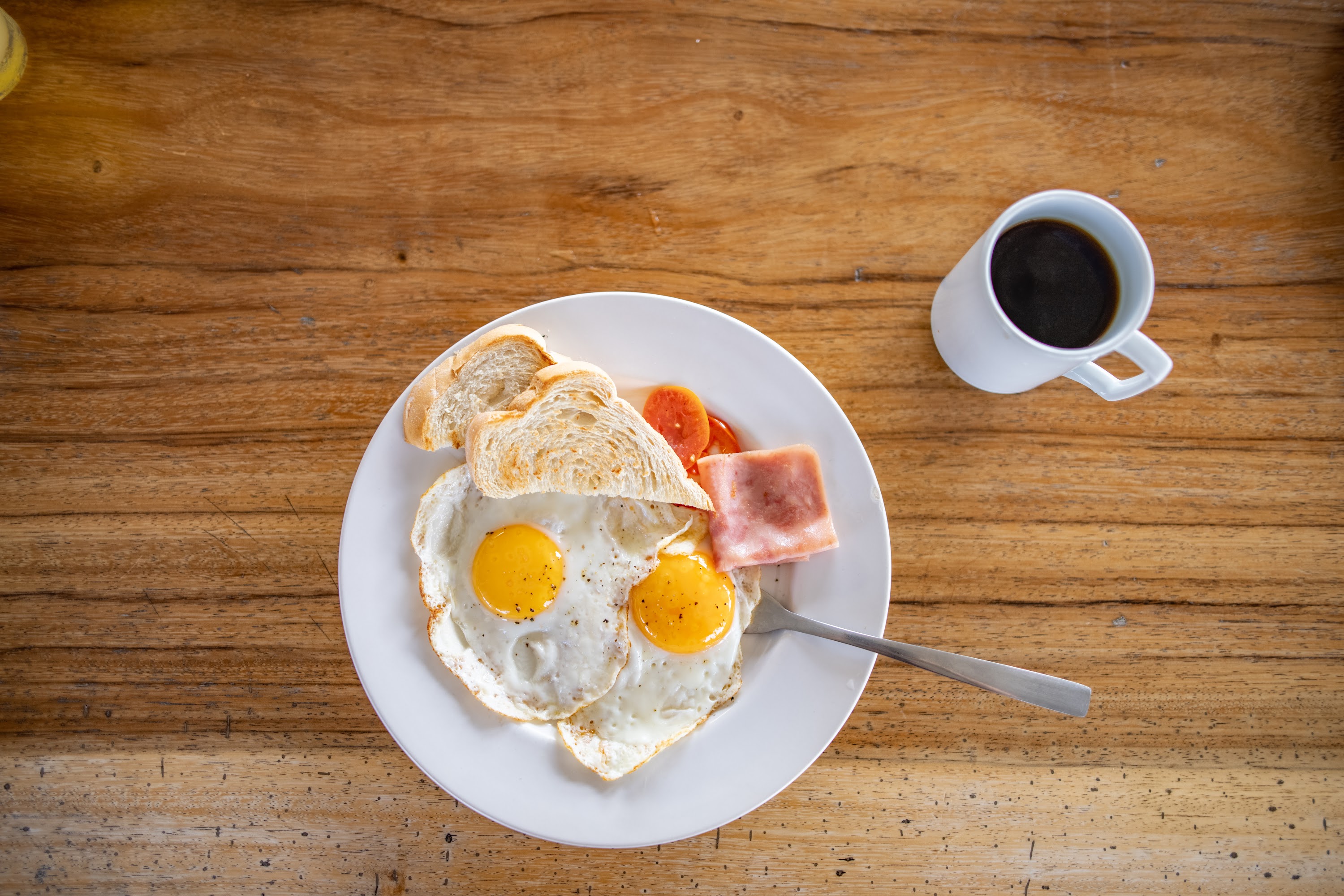 Top-down breakfast plate with eggs, toast, ham, and coffee on wooden table