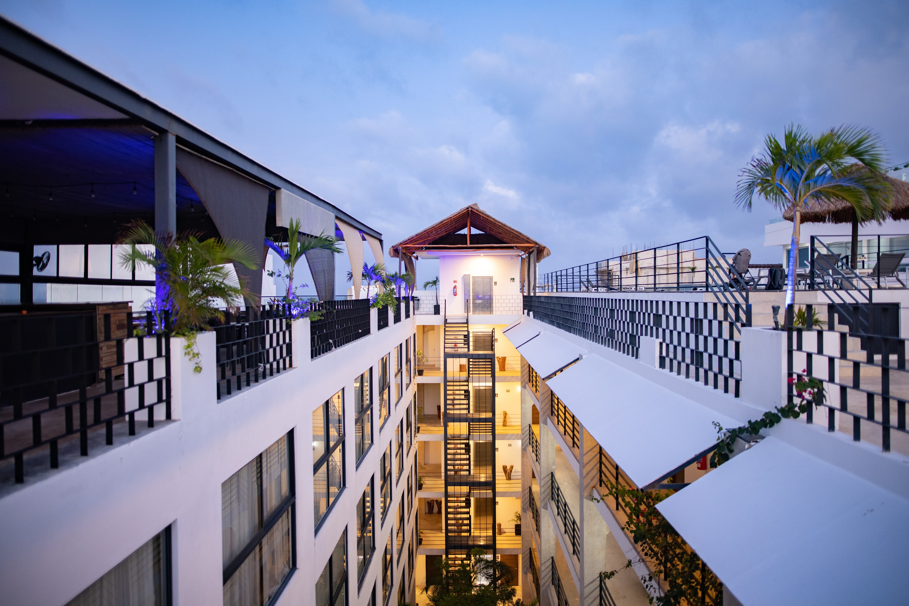 Modern Hotel Courtyard at Dusk