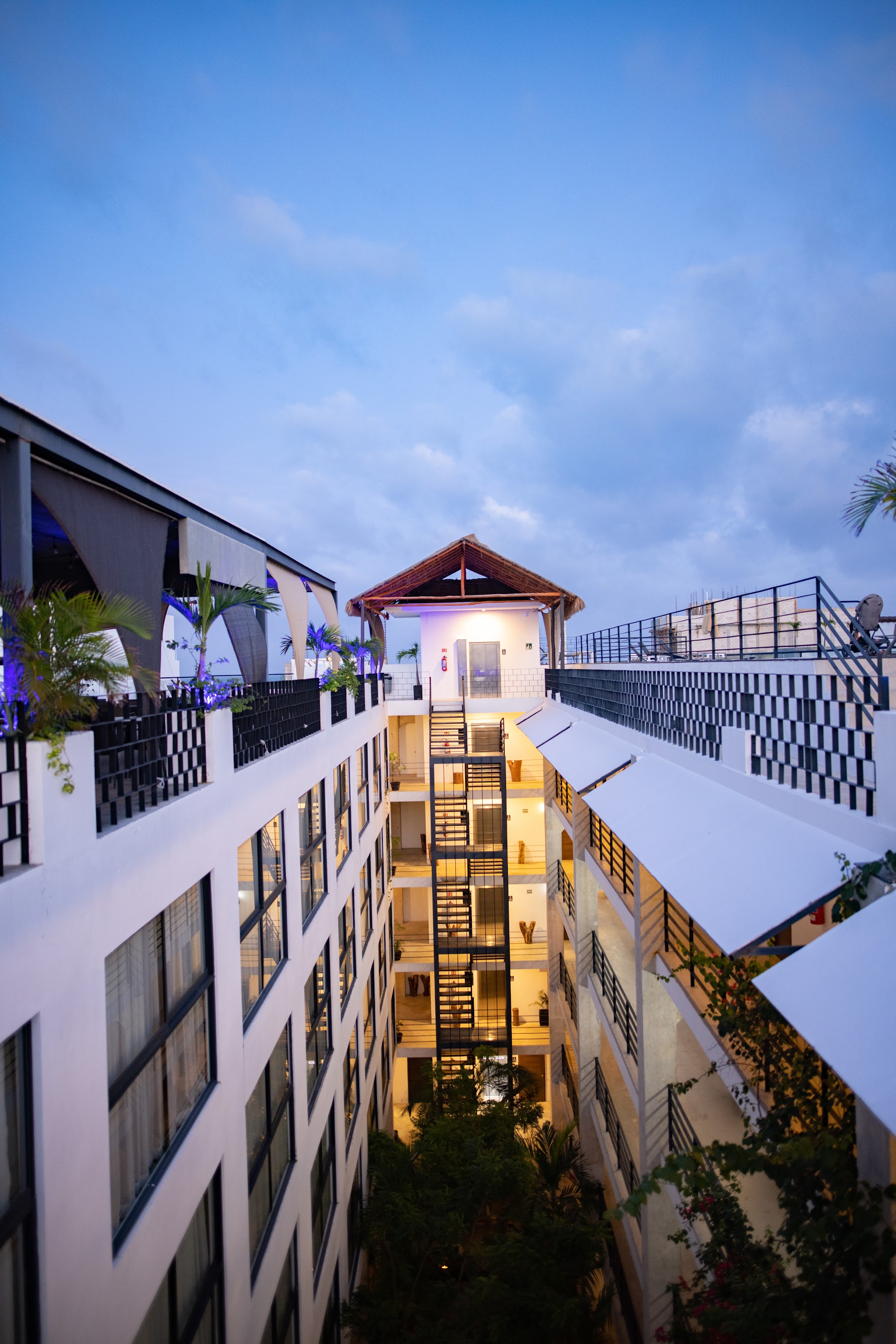 Modern Hotel Courtyard at Dusk