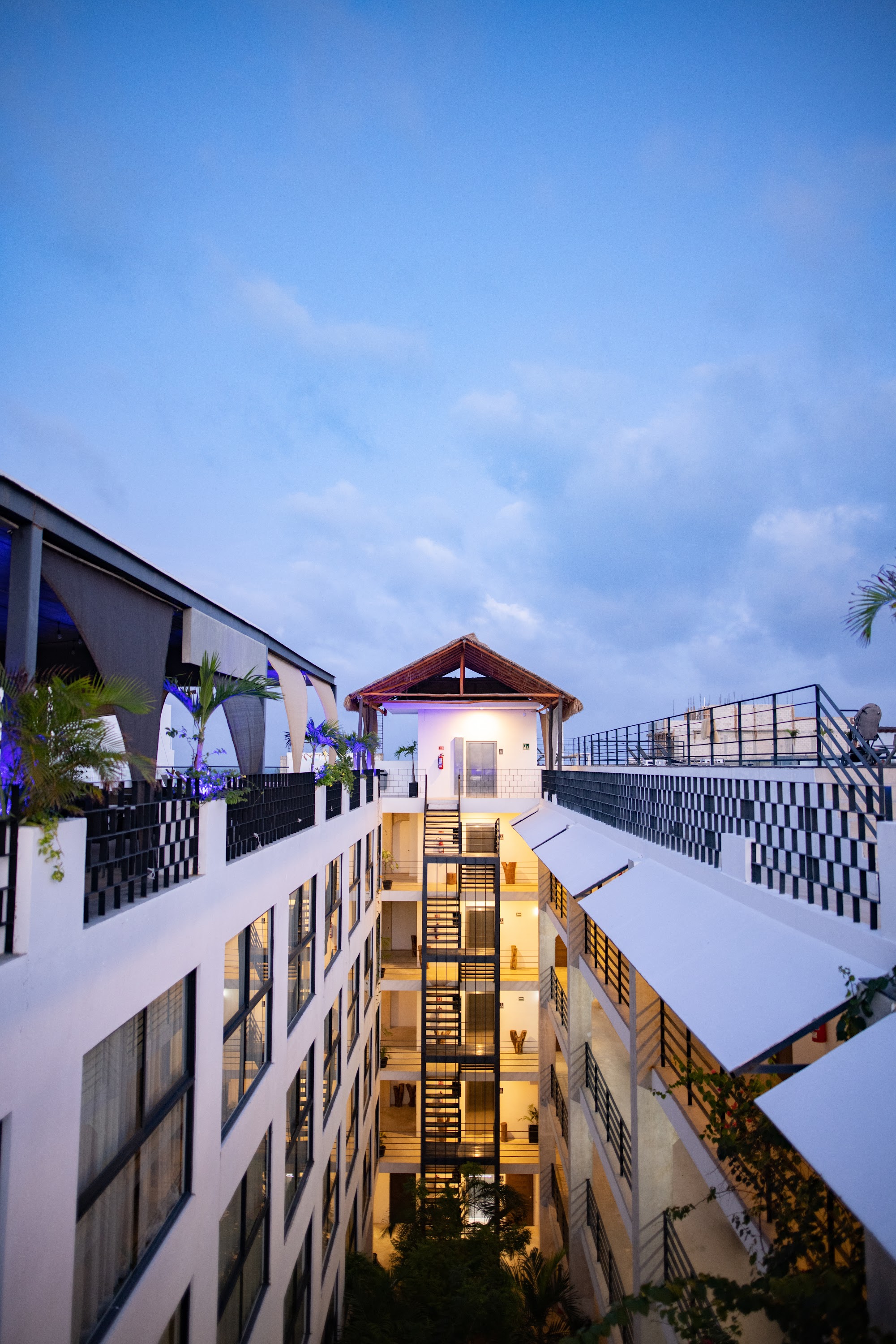 Modern Hotel Courtyard at Dusk