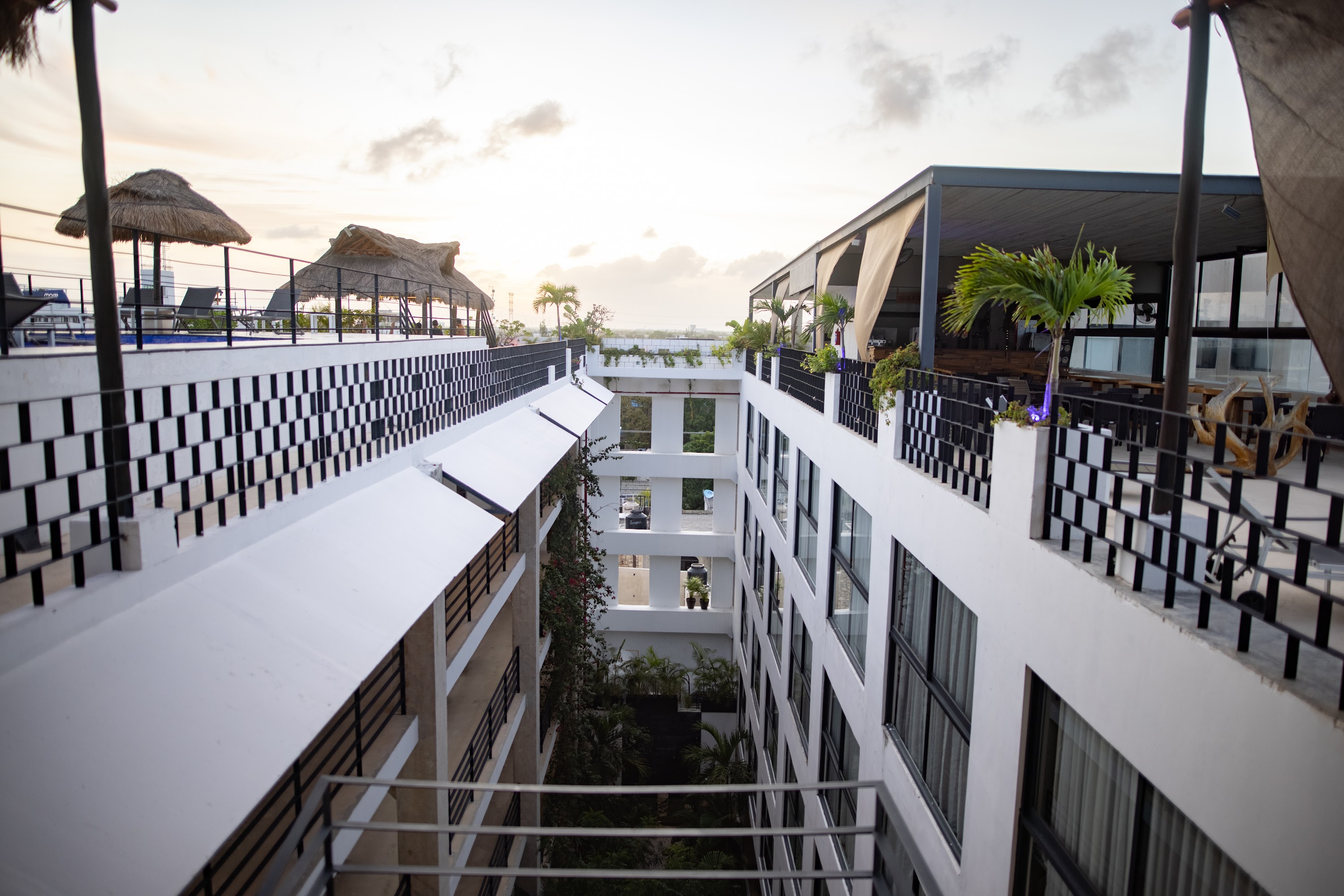 Modern Hotel Courtyard at Dusk