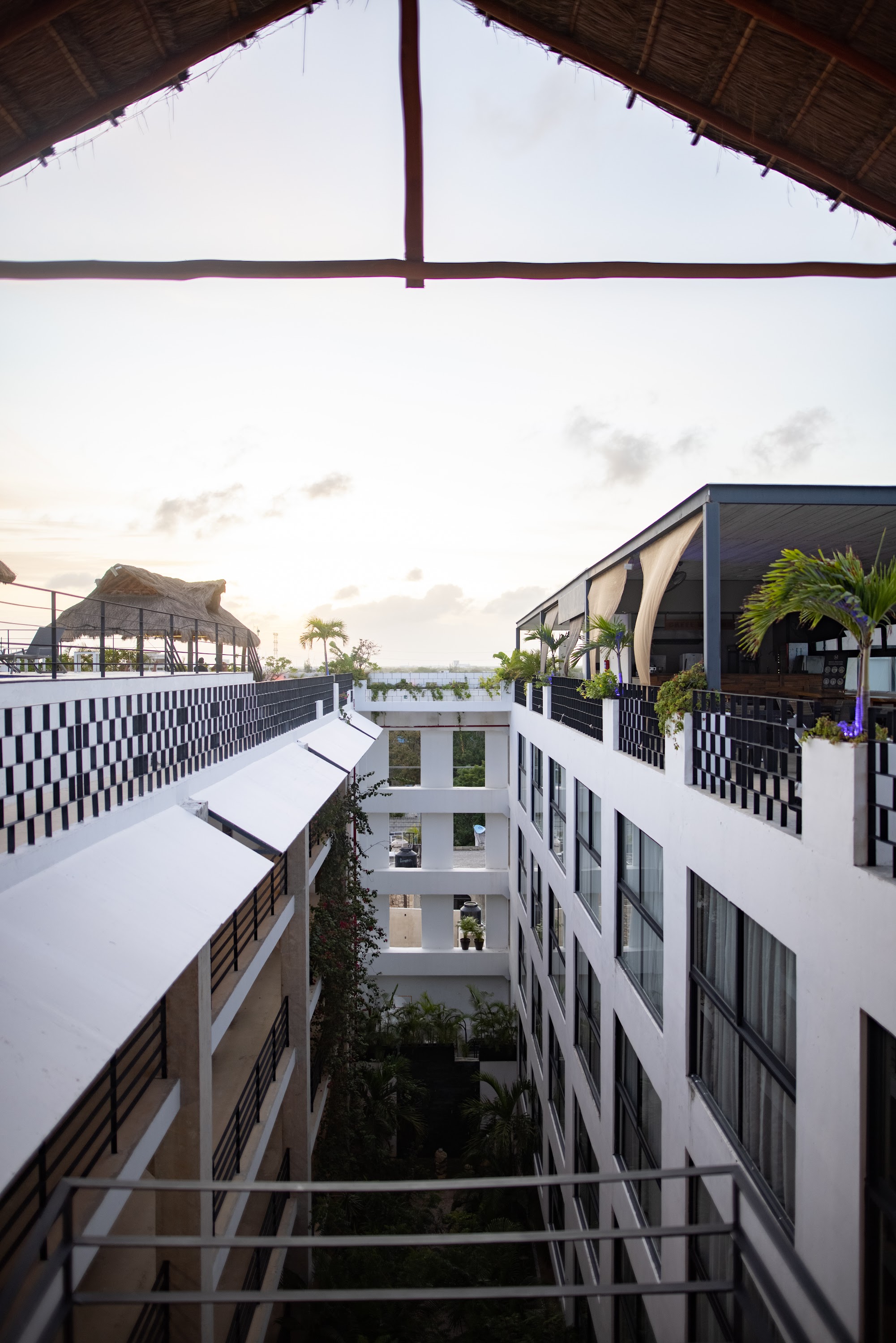Rooftop View of Modern Hotel Courtyard at Dusk
