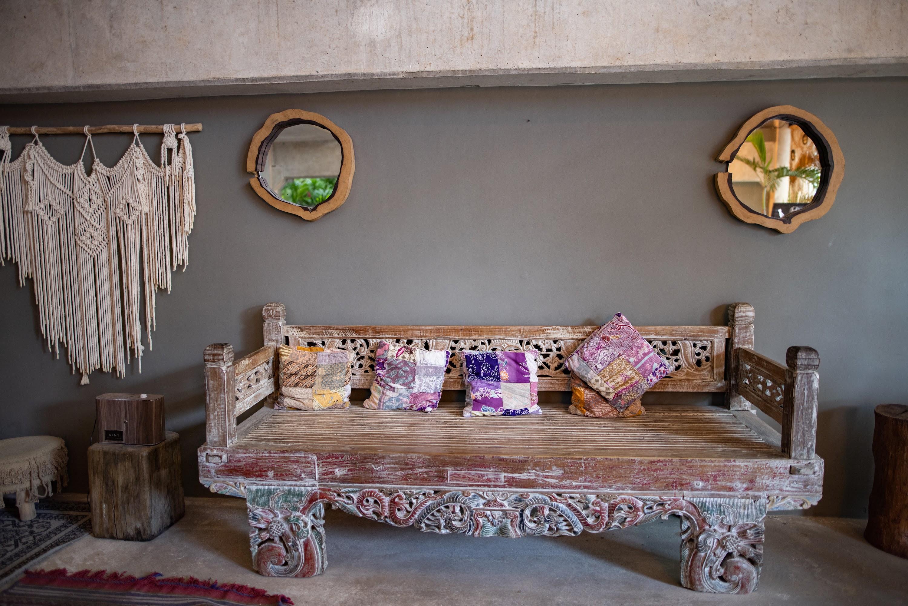 Bohemian Wooden Bench with Patchwork Pillows