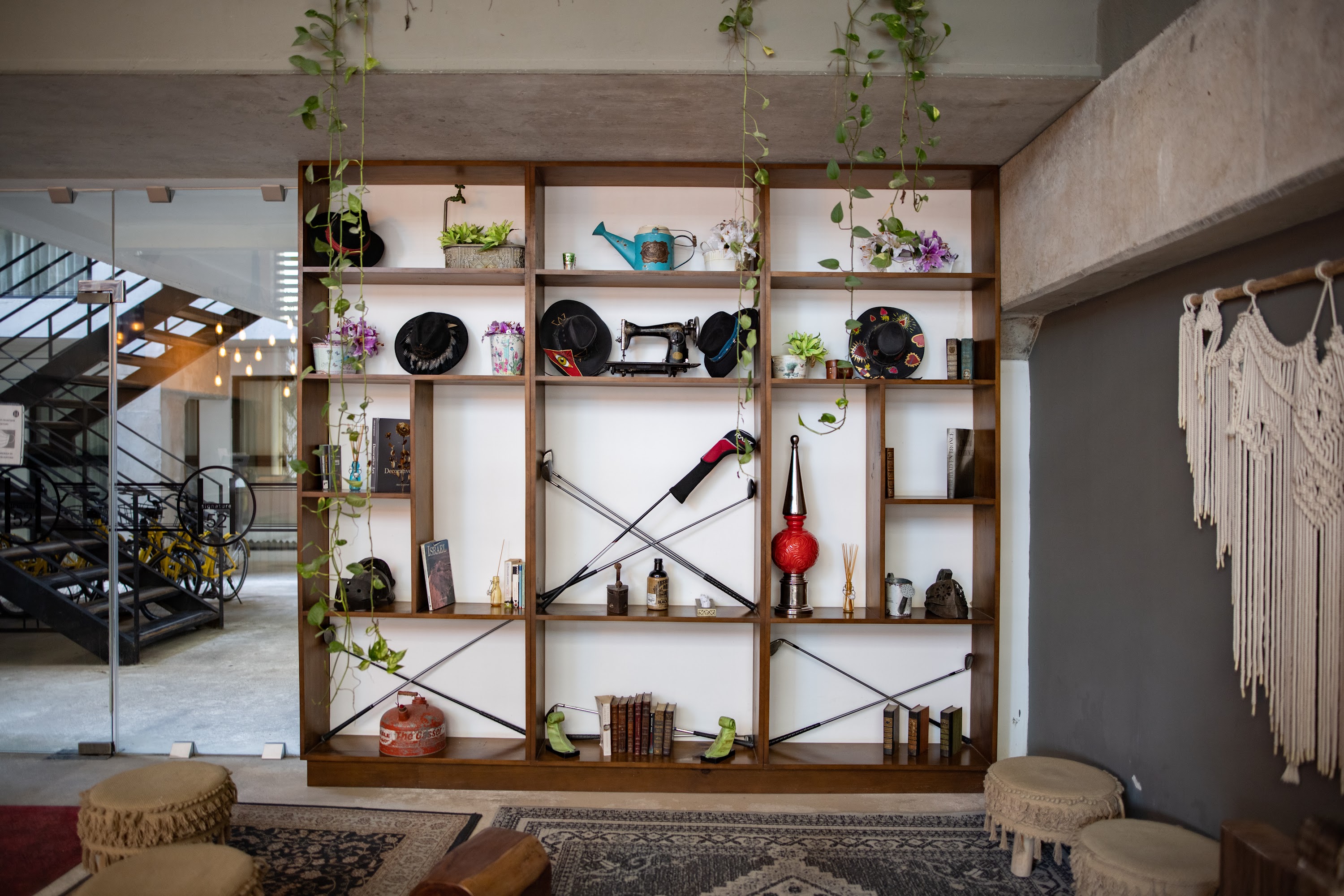 Bohemian Bookshelf Display with Vintage Decor and Hanging Plants