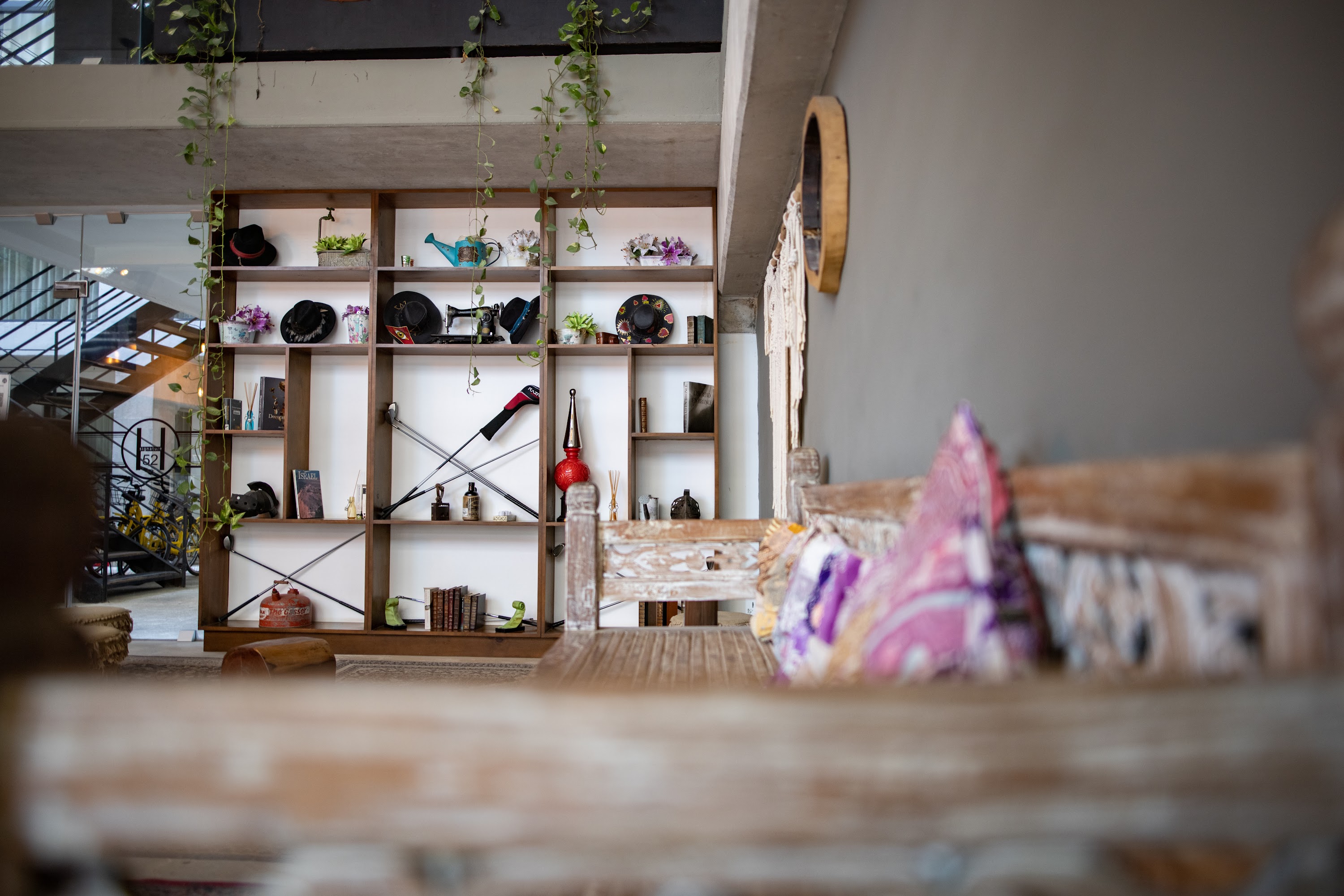 Bohemian Interior with Wooden Shelving and Hanging Plants