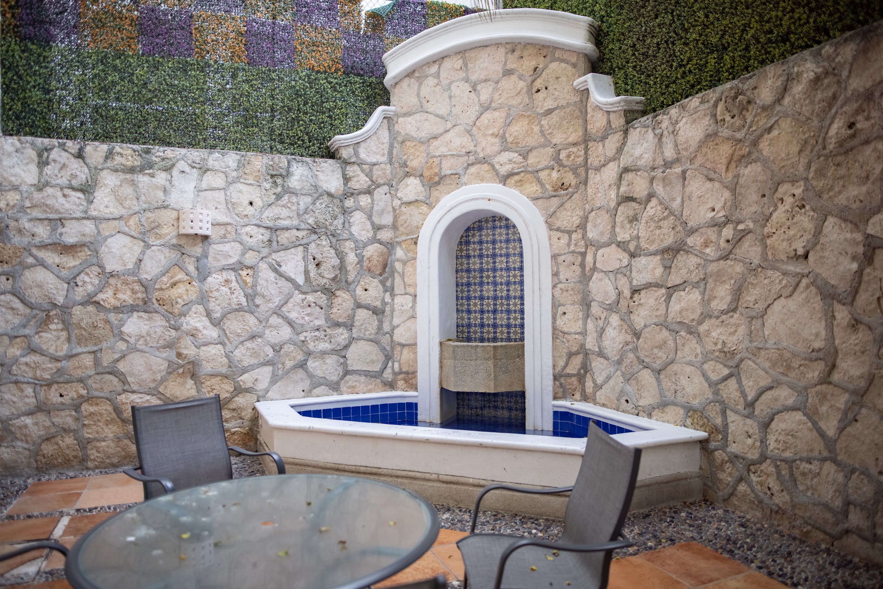 Stone Courtyard Fountain with Tile Accents