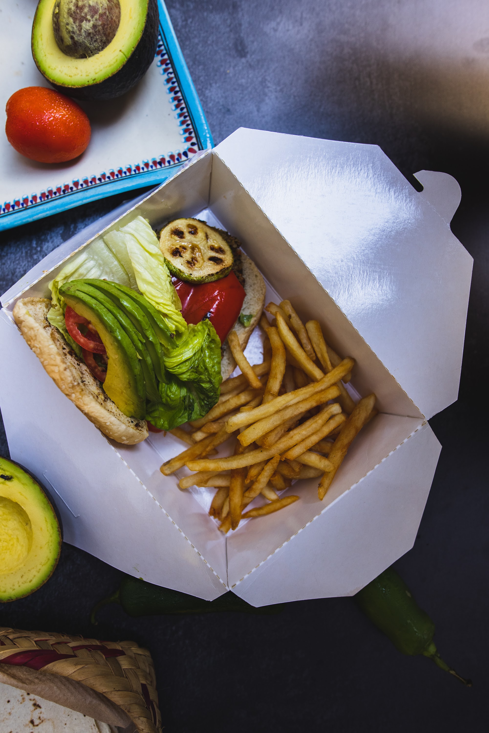 Vegan Burger with Fries and Fresh Ingredients