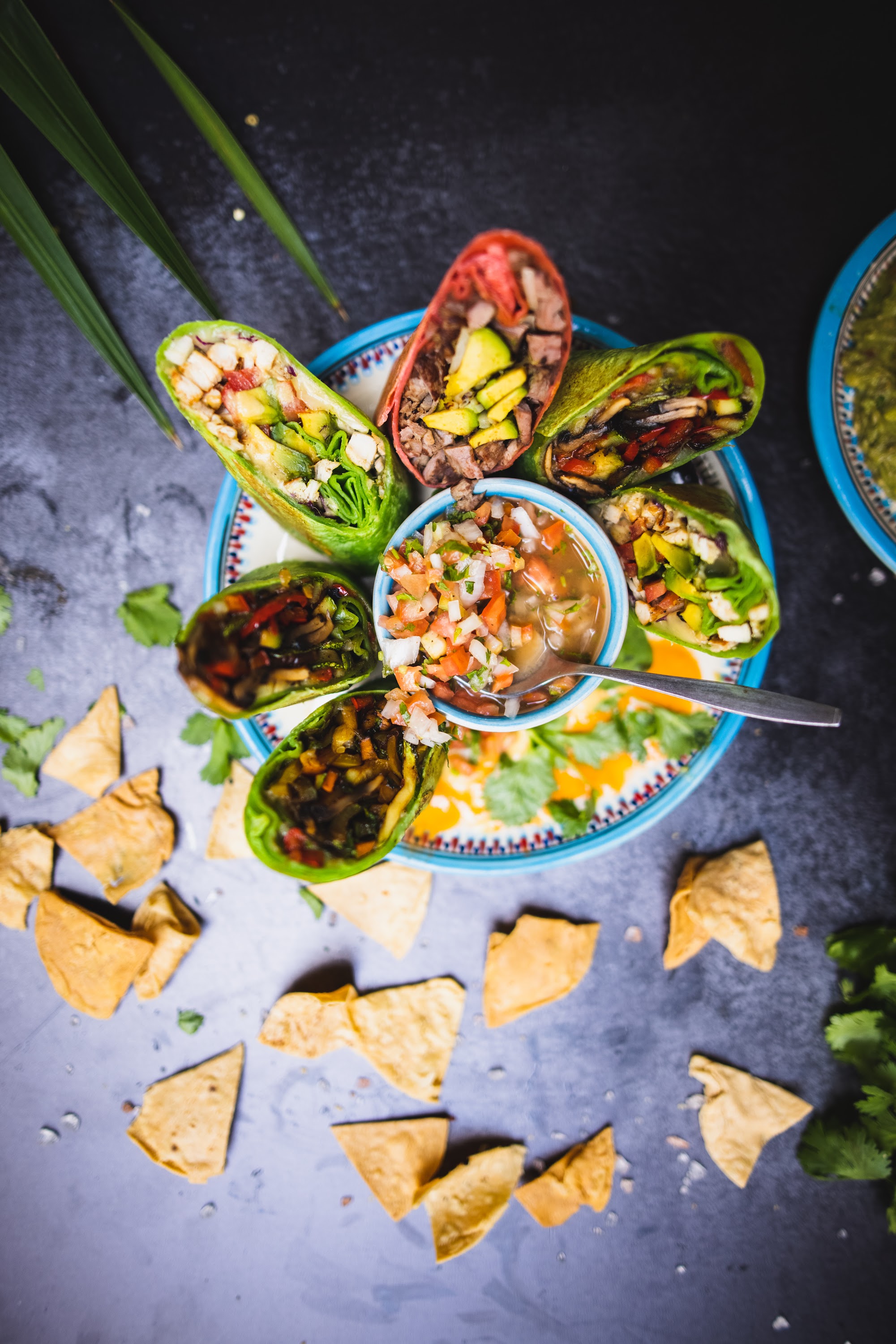 Colorful Mexican Wraps with Salsa and Tortilla Chips