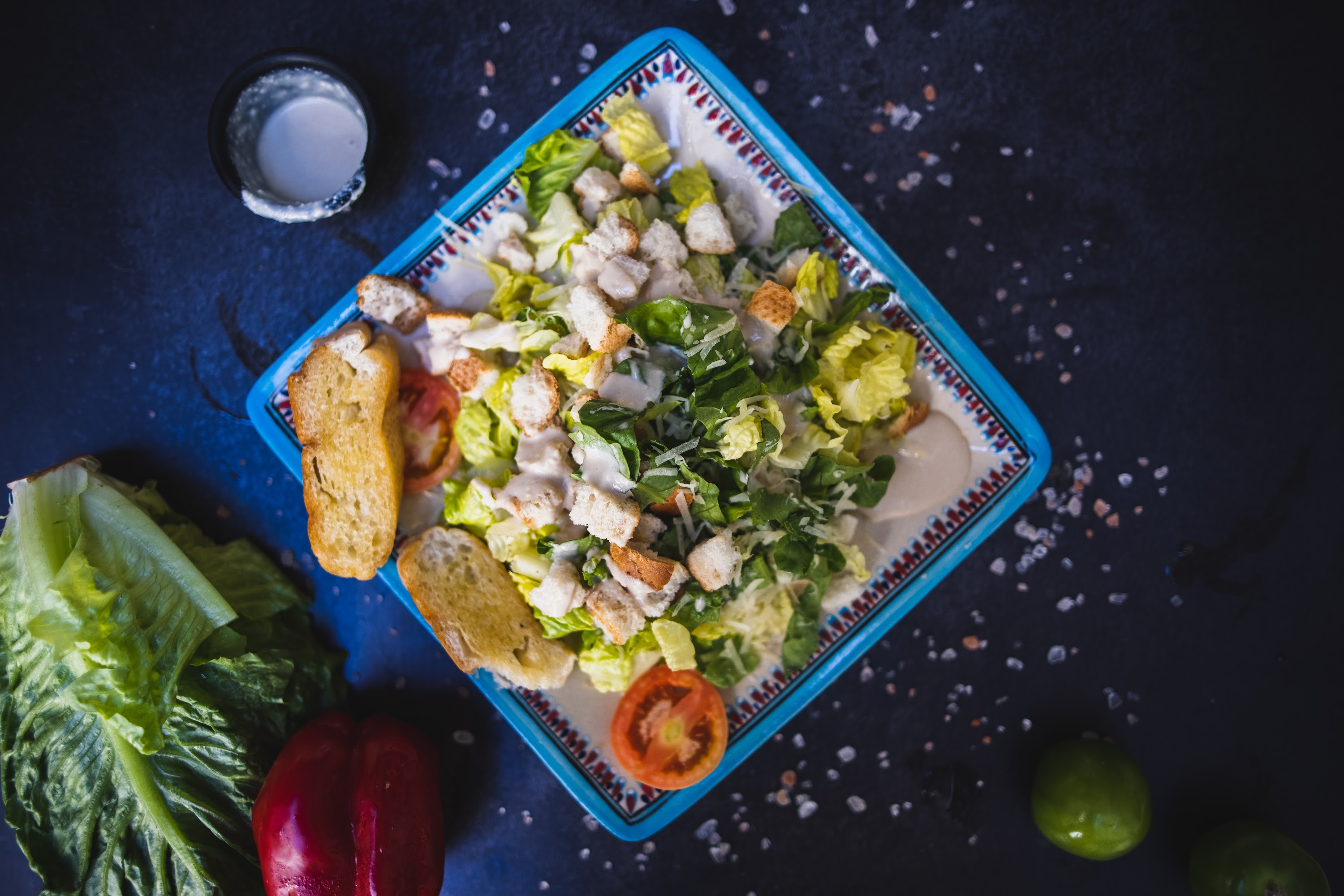 Caesar Salad with Croutons and Garlic Bread