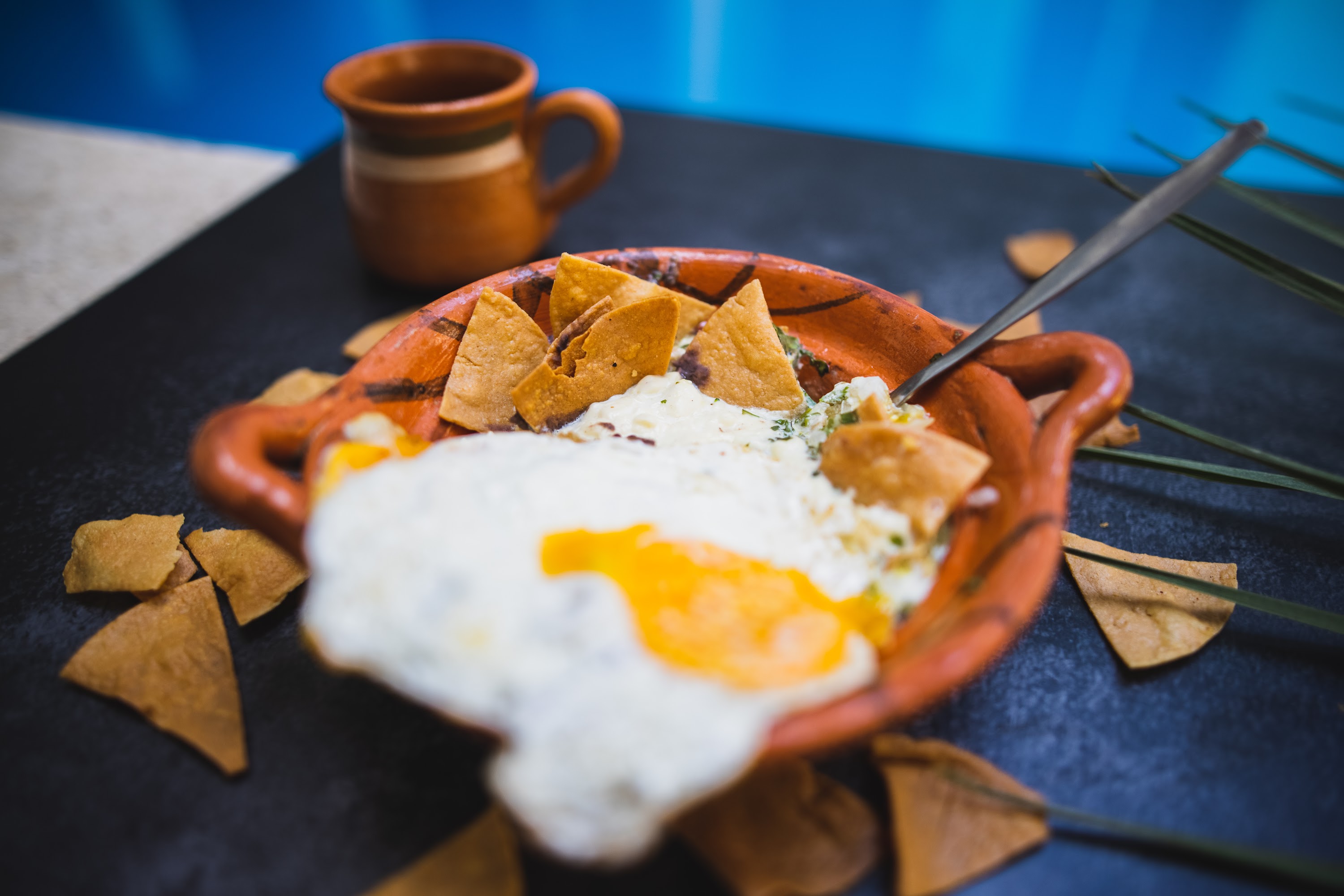 Mexican-style breakfast with eggs and tortilla chips