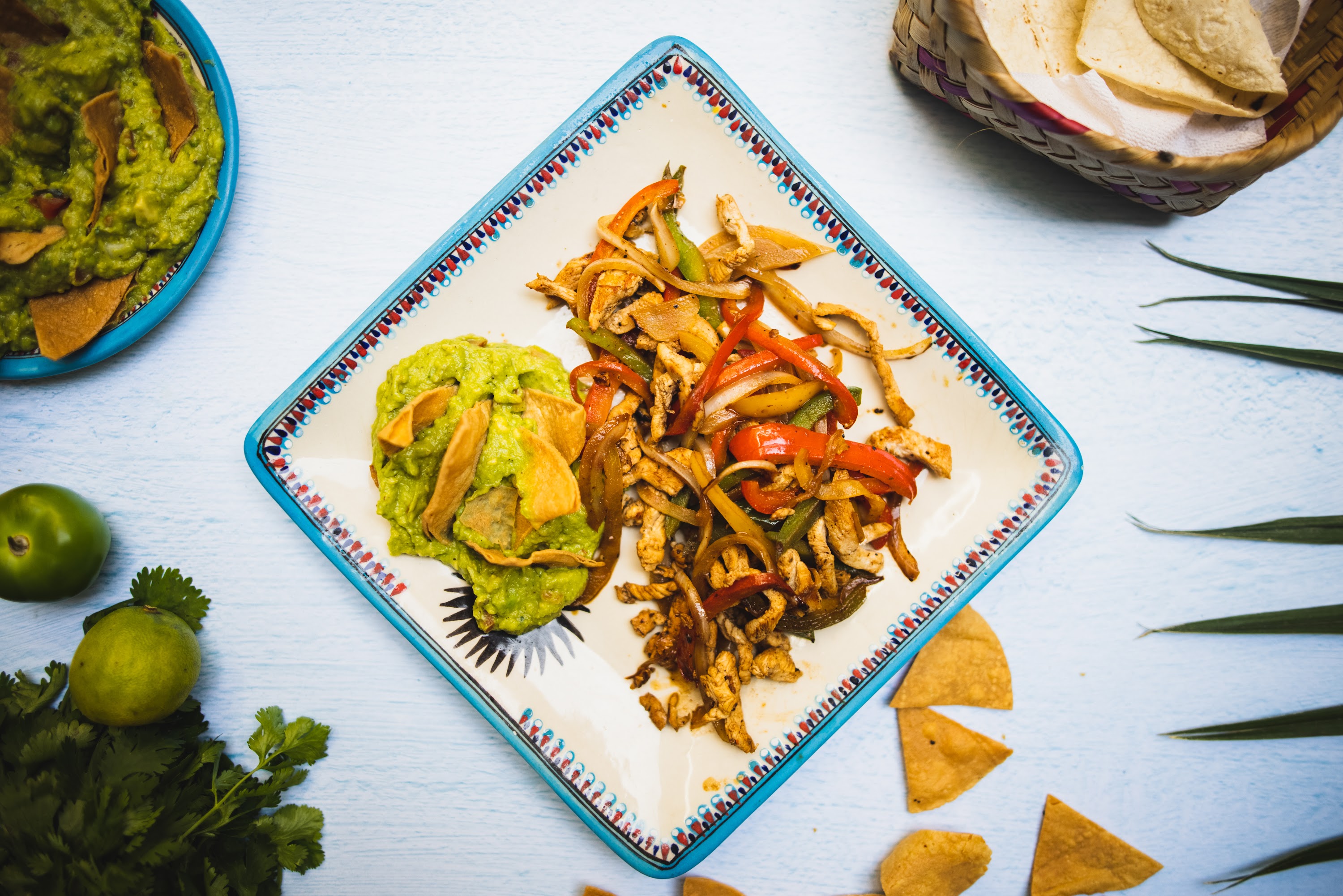 Colorful Fajitas with Guacamole and Tortilla Chips