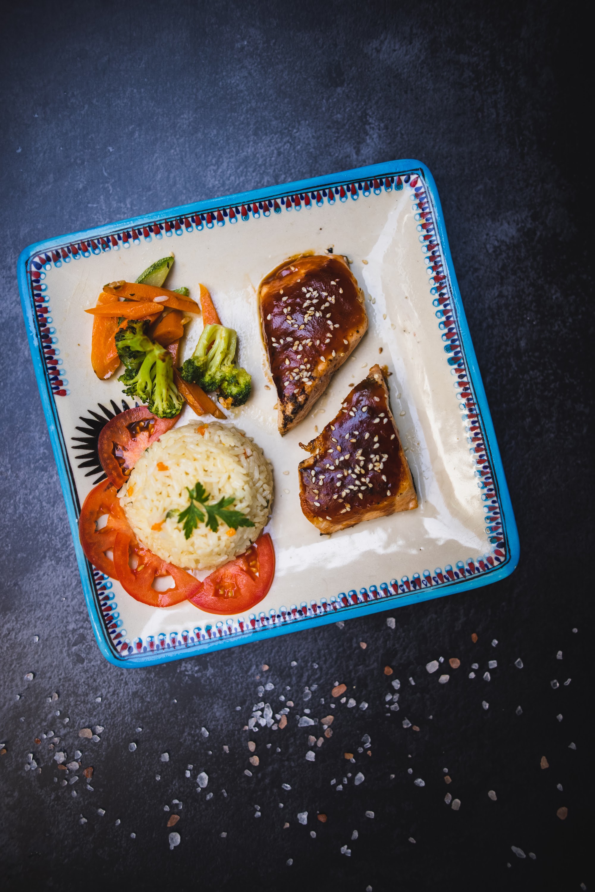 Baked Salmon with Rice and Steamed Vegetables