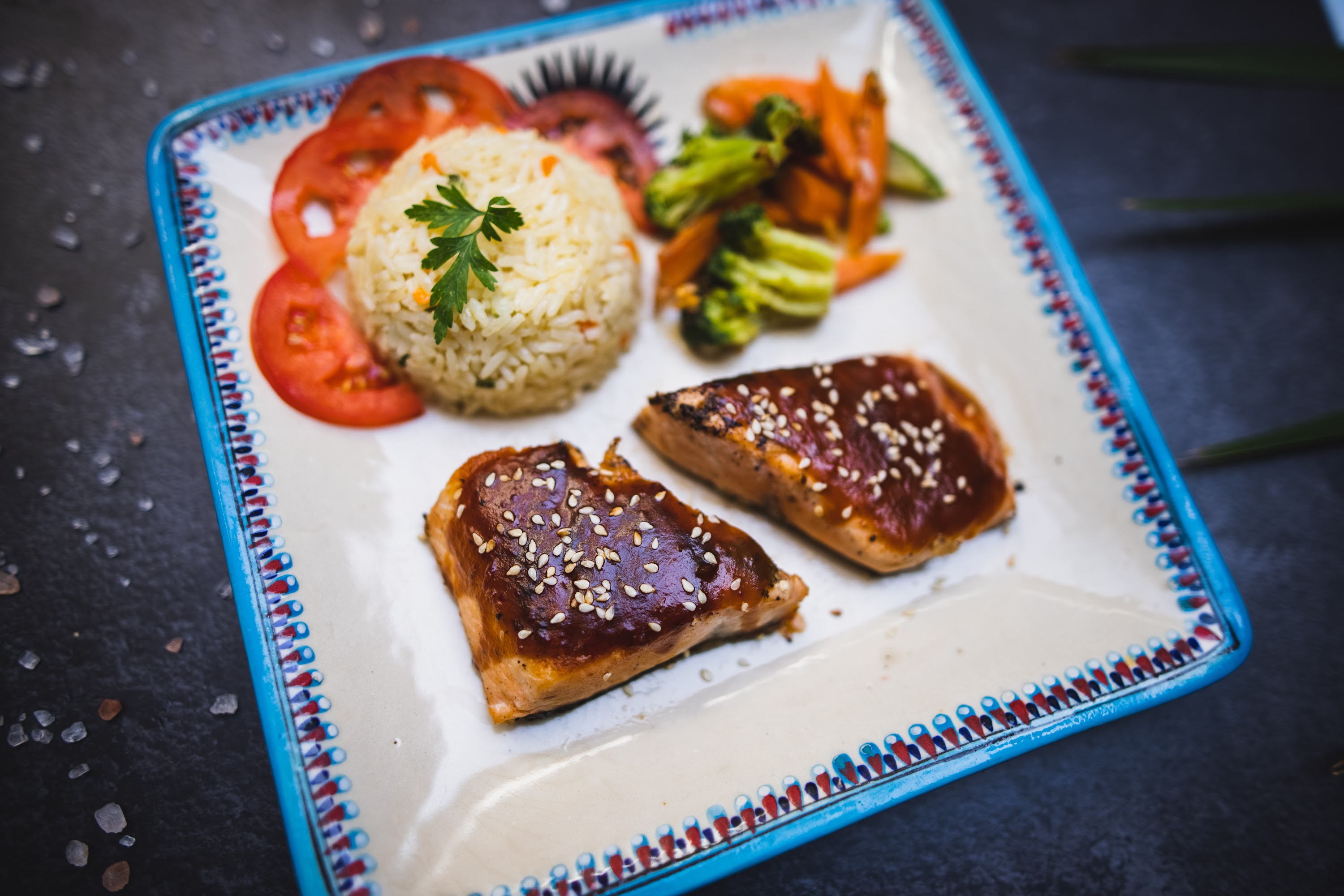 Baked Salmon with Sesame Seeds and Vegetable Medley