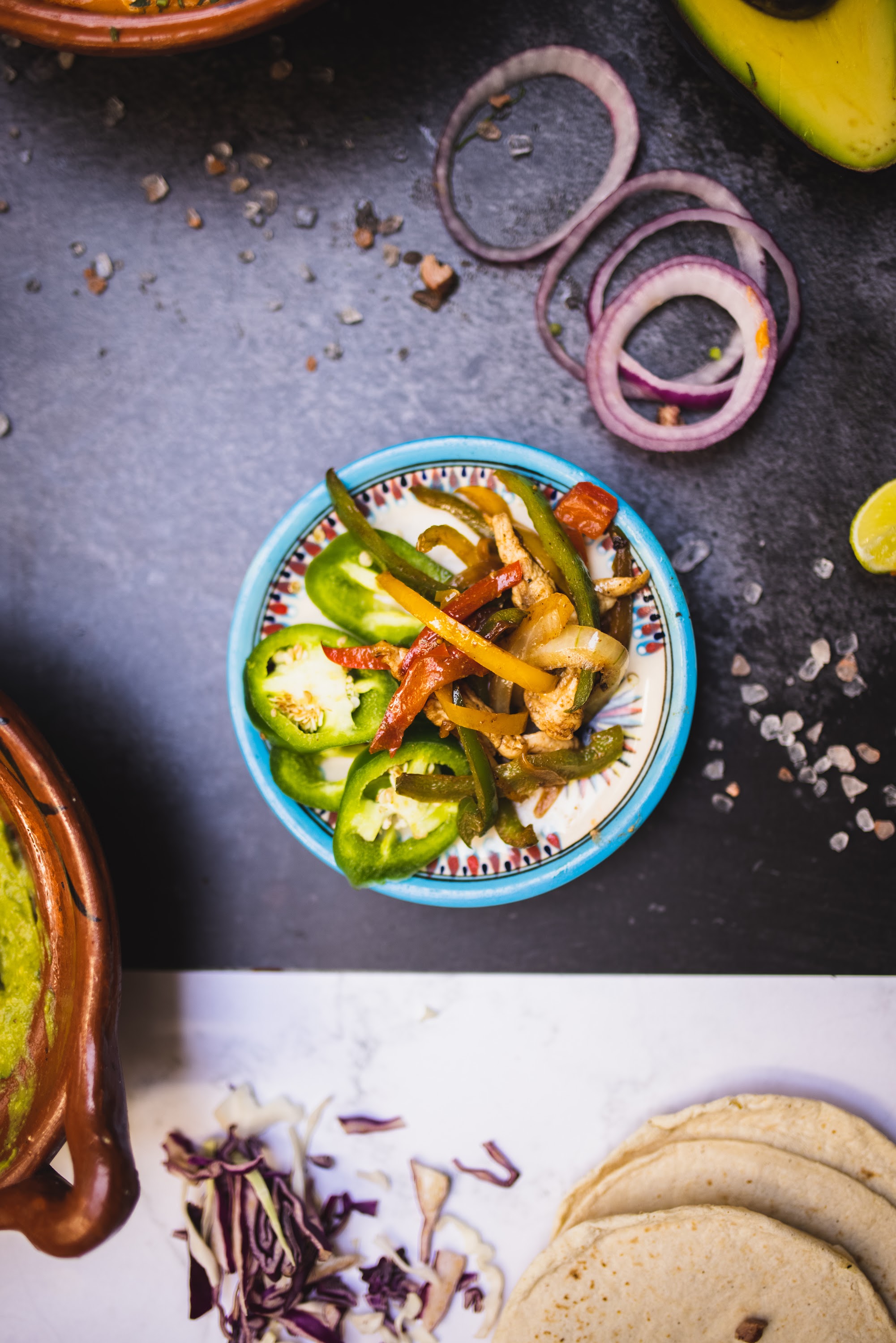 Colorful Fajita Vegetables in a Traditional Bowl