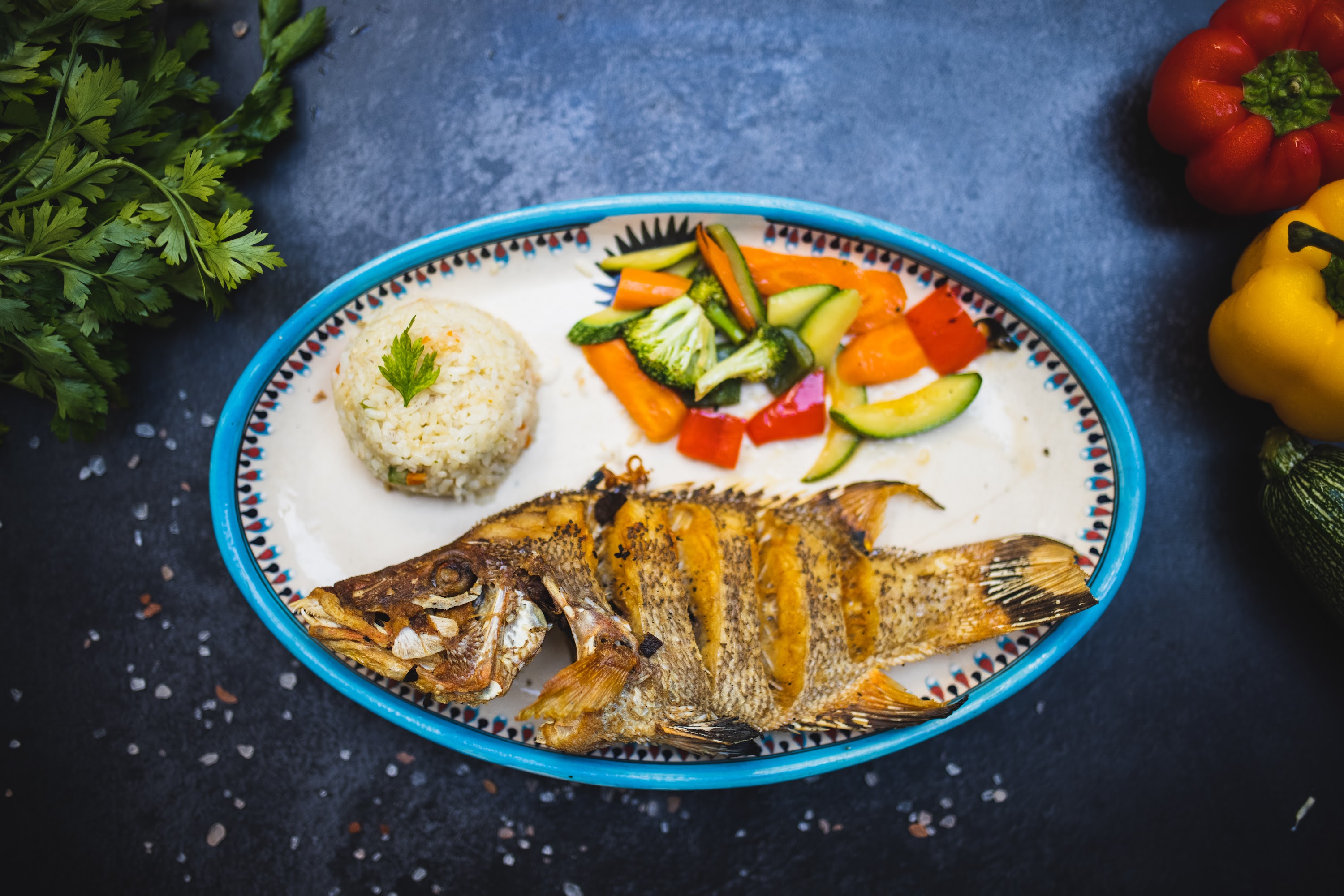 Grilled Fish with Rice and Vegetables
